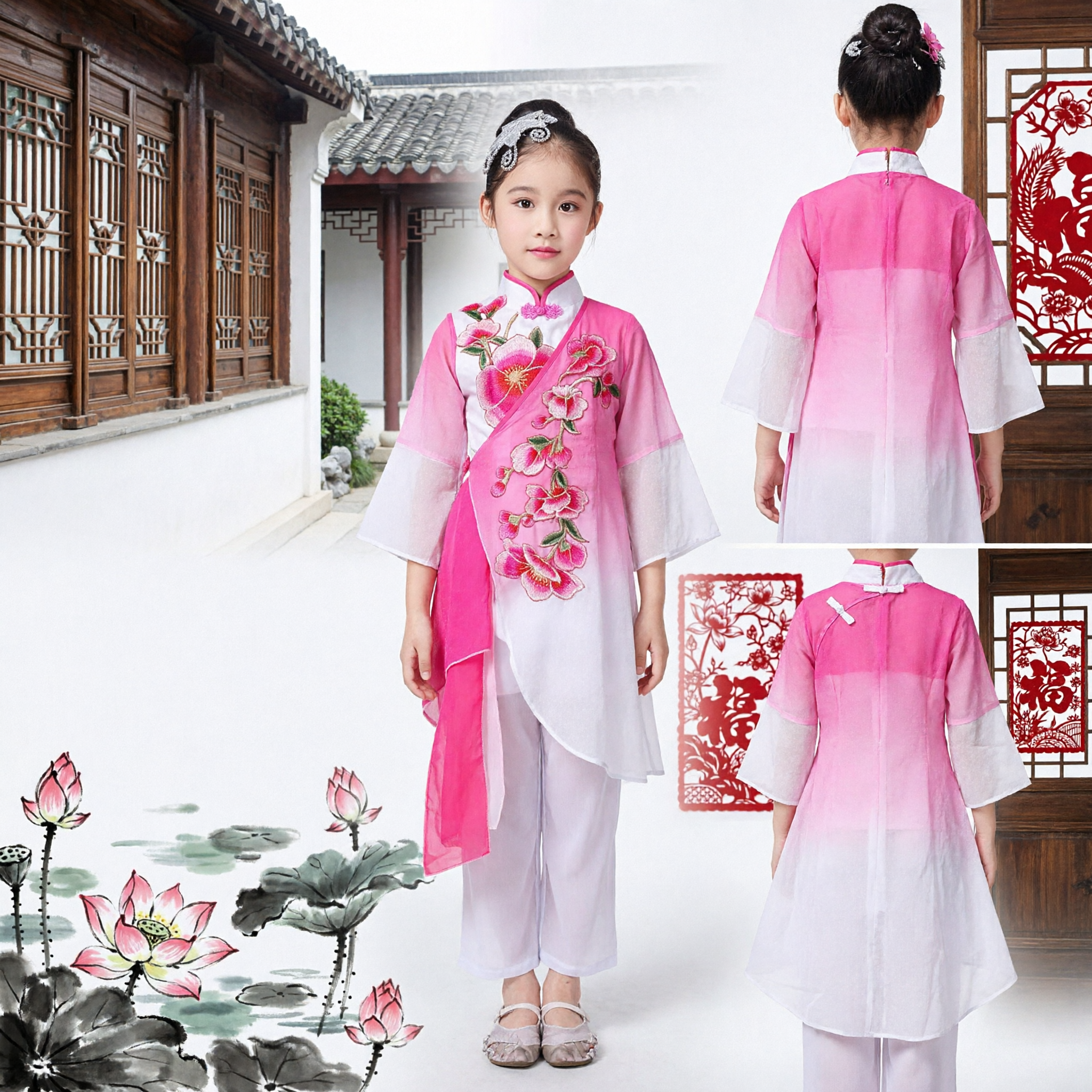 Traditional Pink Classical Chinese Dance Costume for Girls Kids Floral Embroidery Folk Stage Performance Outfit - Asian Costume