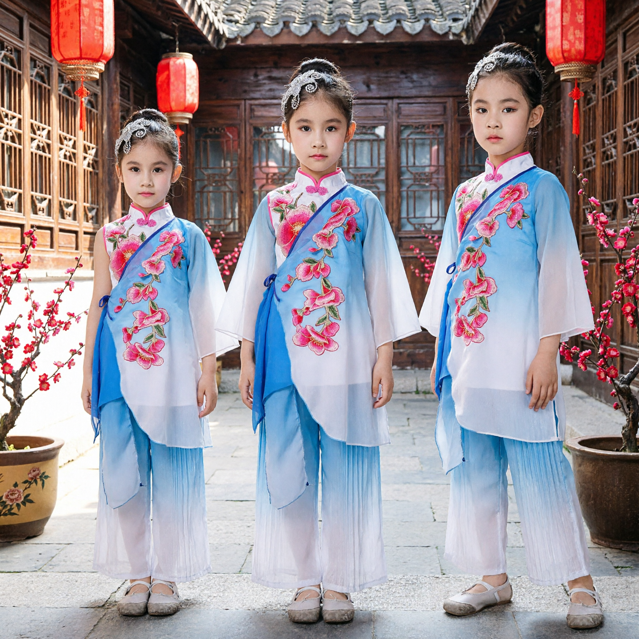 Girls Traditional Chinese Folk Dance Costume Kids Classical Stage Performance Dress Blue Floral Embroidery Cheongsam Set - Asian Costume