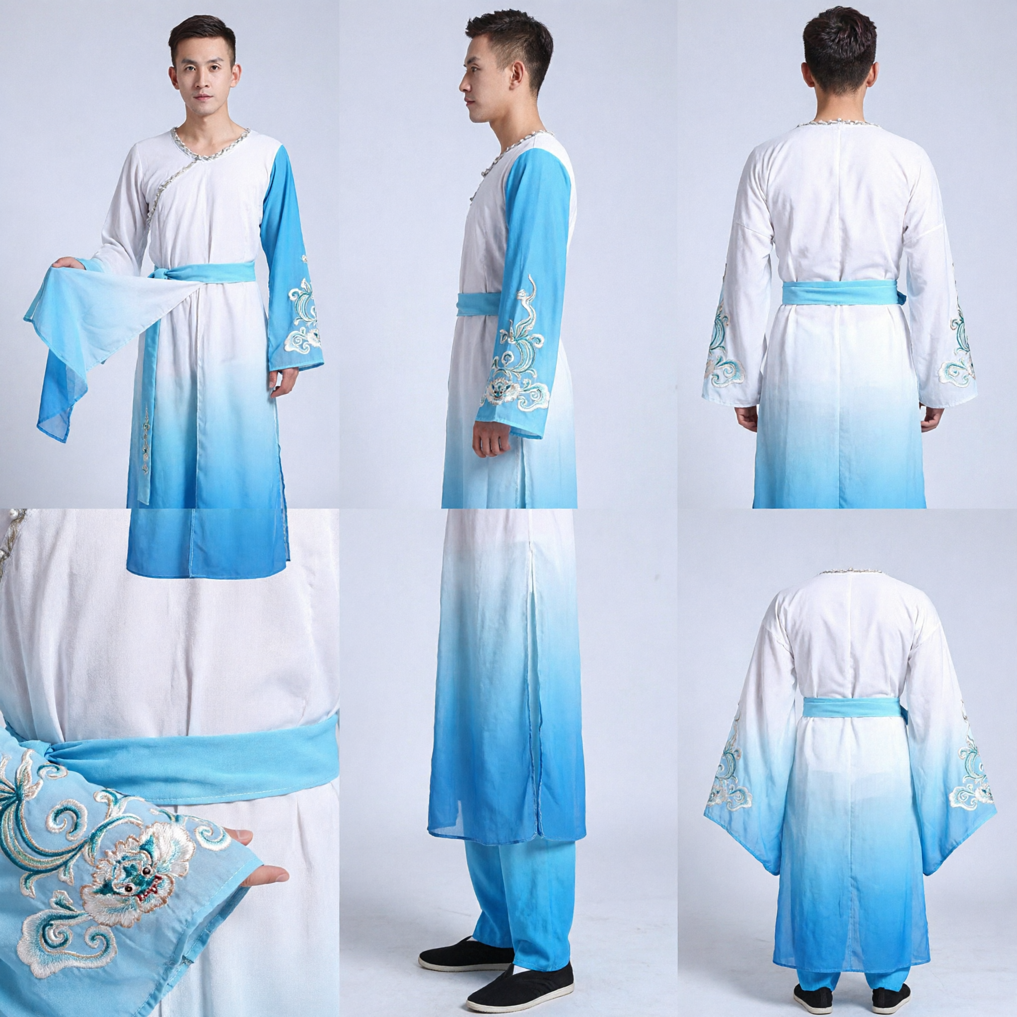 Men's Chinese Traditional Gradient Blue Kung Fu Uniform Classical Fan Dance Performance Costume - Asian Costume