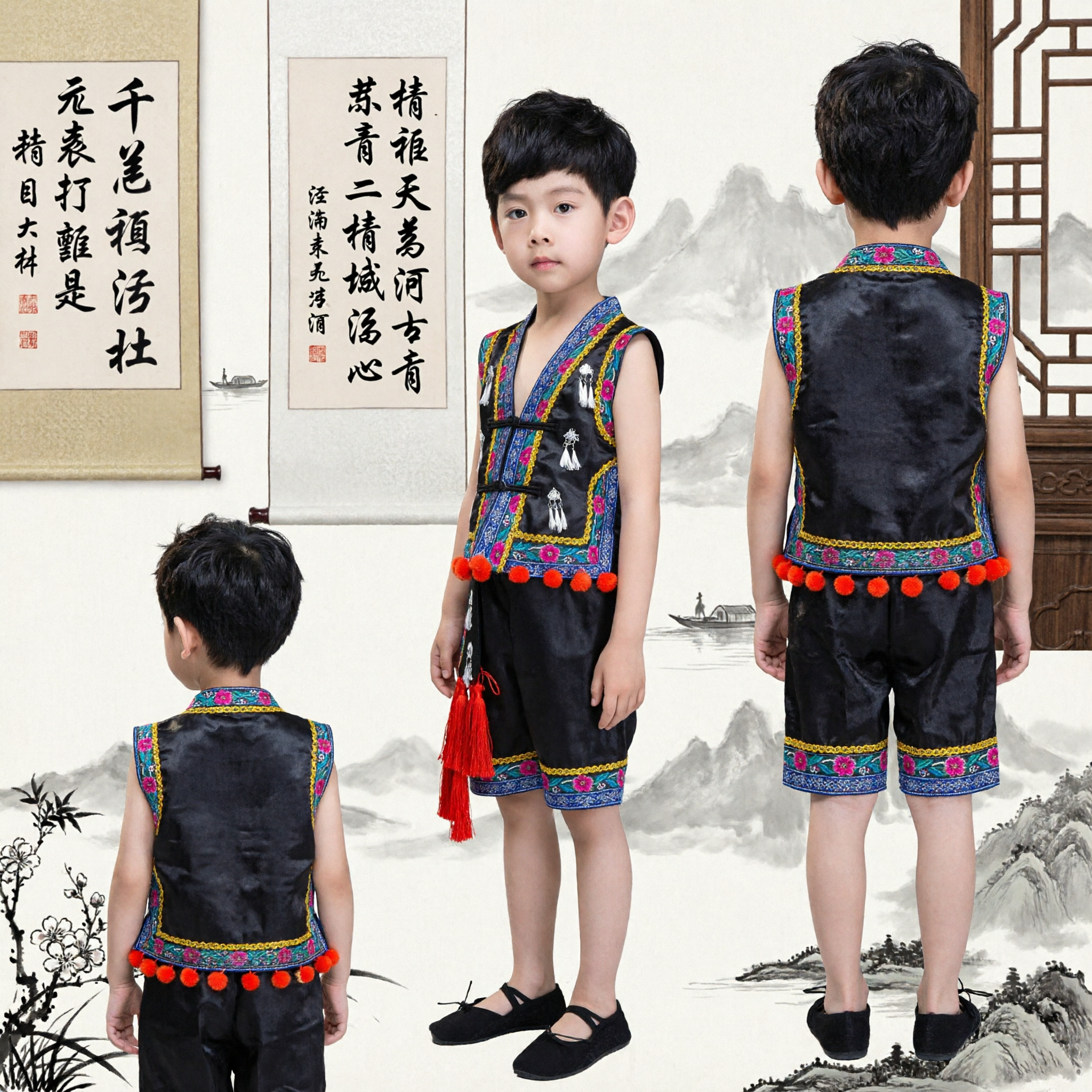 Boys Traditional Chinese Miao Ethnic Costume Folk Dance Performance Outfit Embroidered Vest and Shorts Set for Kids - Asian Costume