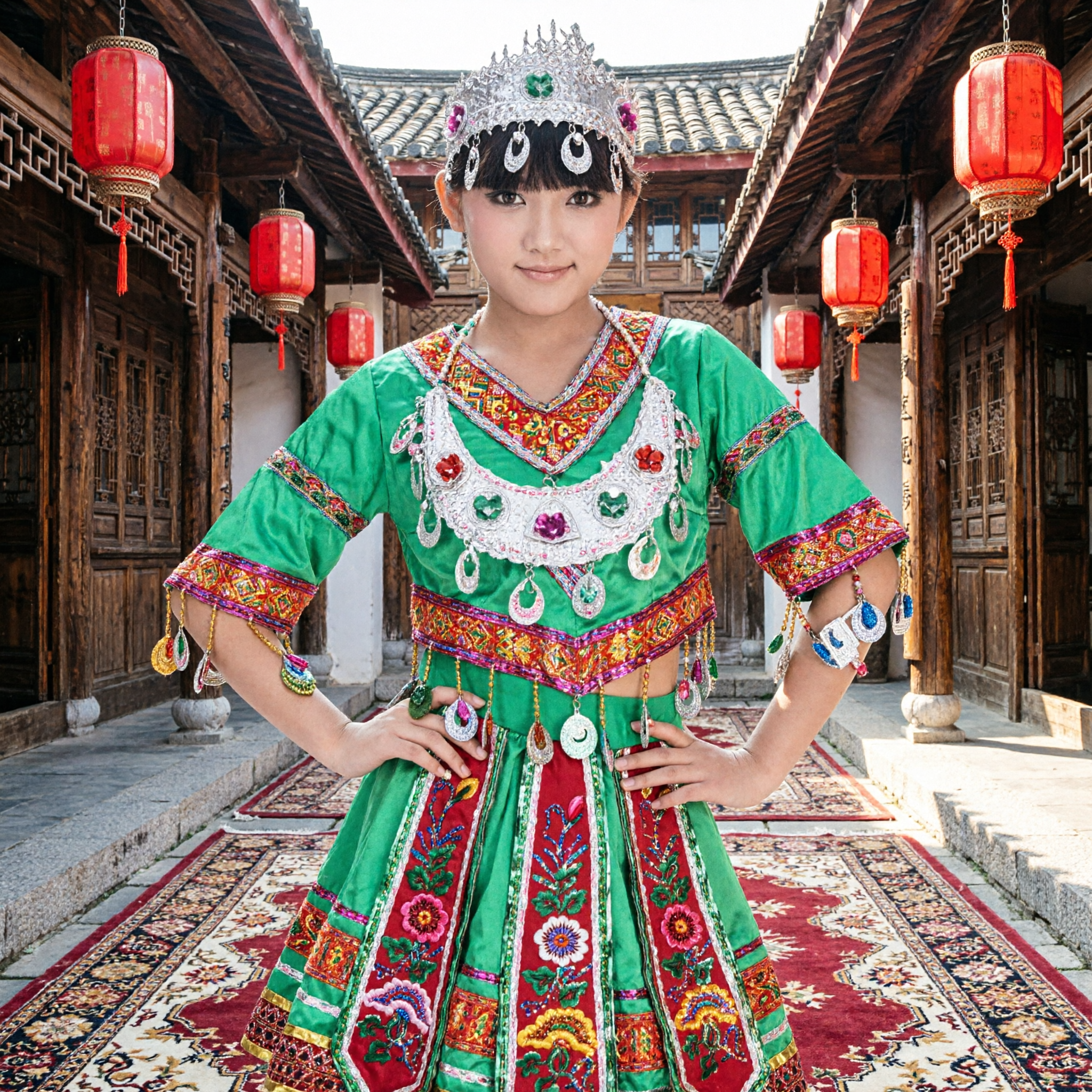Chinese Miao Ethnic Minority Folk Dance Costume Kids Girls Traditional Stage Performance Dress with Silver Headdress - Asian Costume
