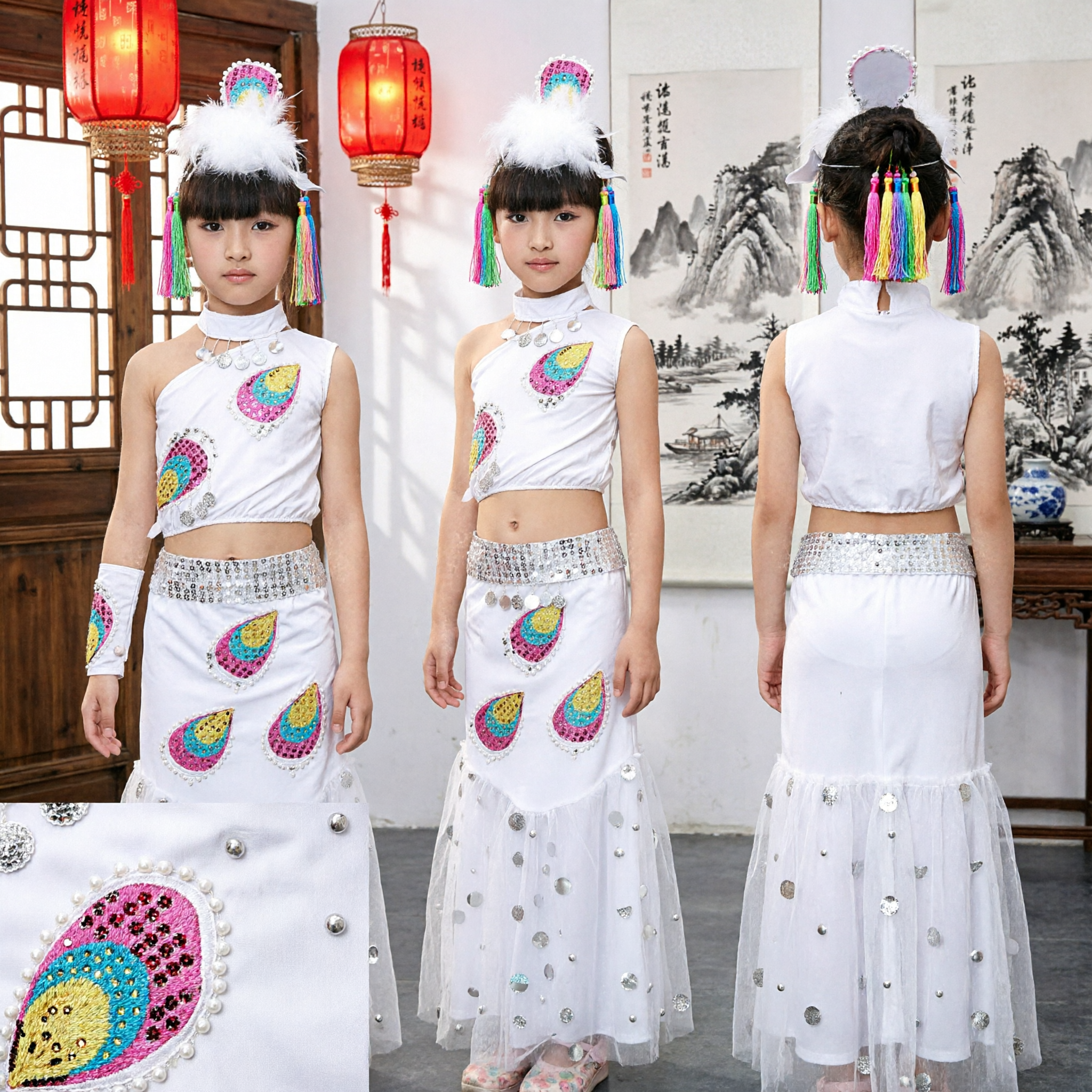 Children Girls White Sequin Peacock Dance Costume Dai Ethnic Folk Stage Performance Outfit - Asian Costume