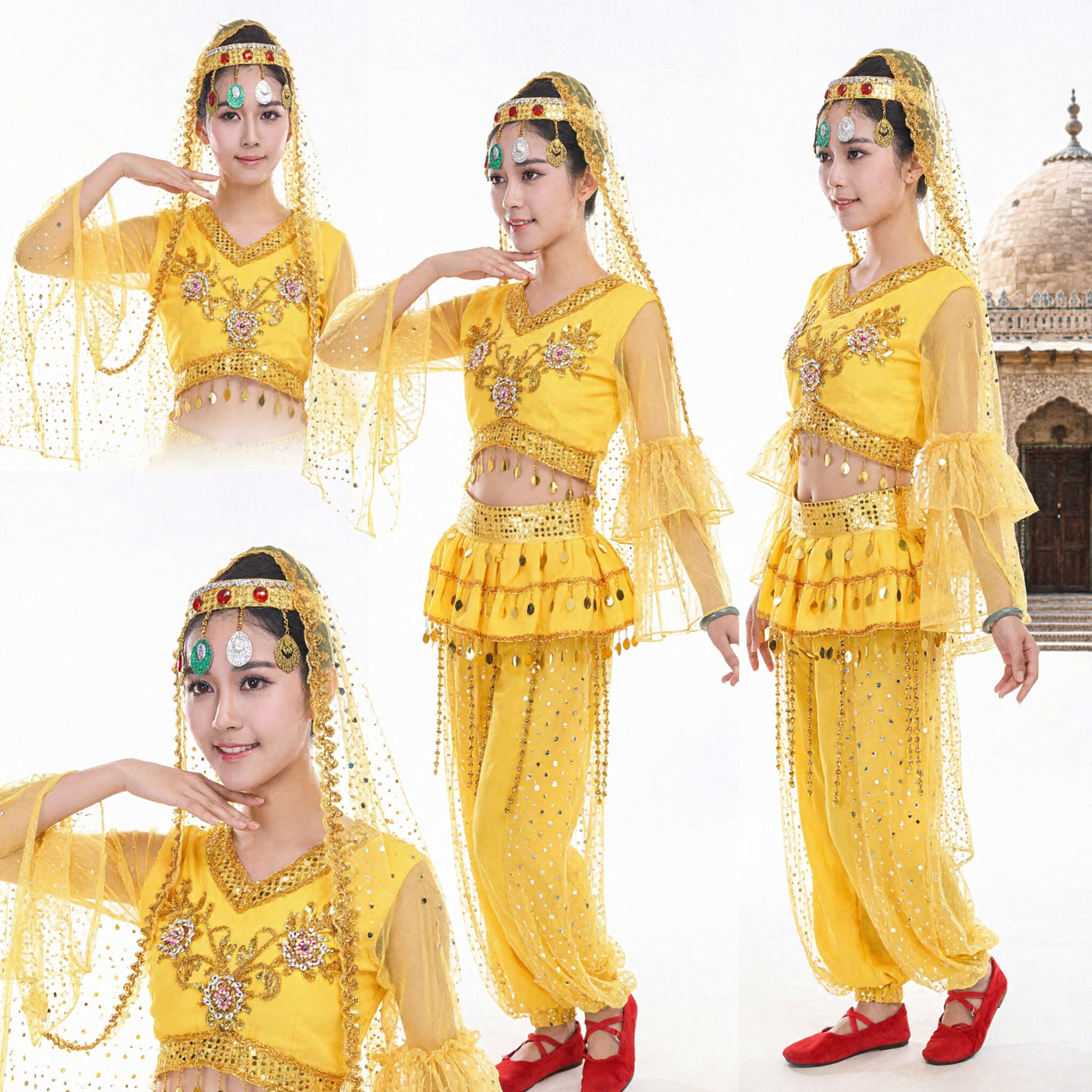 Women's Yellow Indian Dance Costume Traditional Bollywood Stage Performance Outfit with Headpiece and Jewelry - Asian Costume