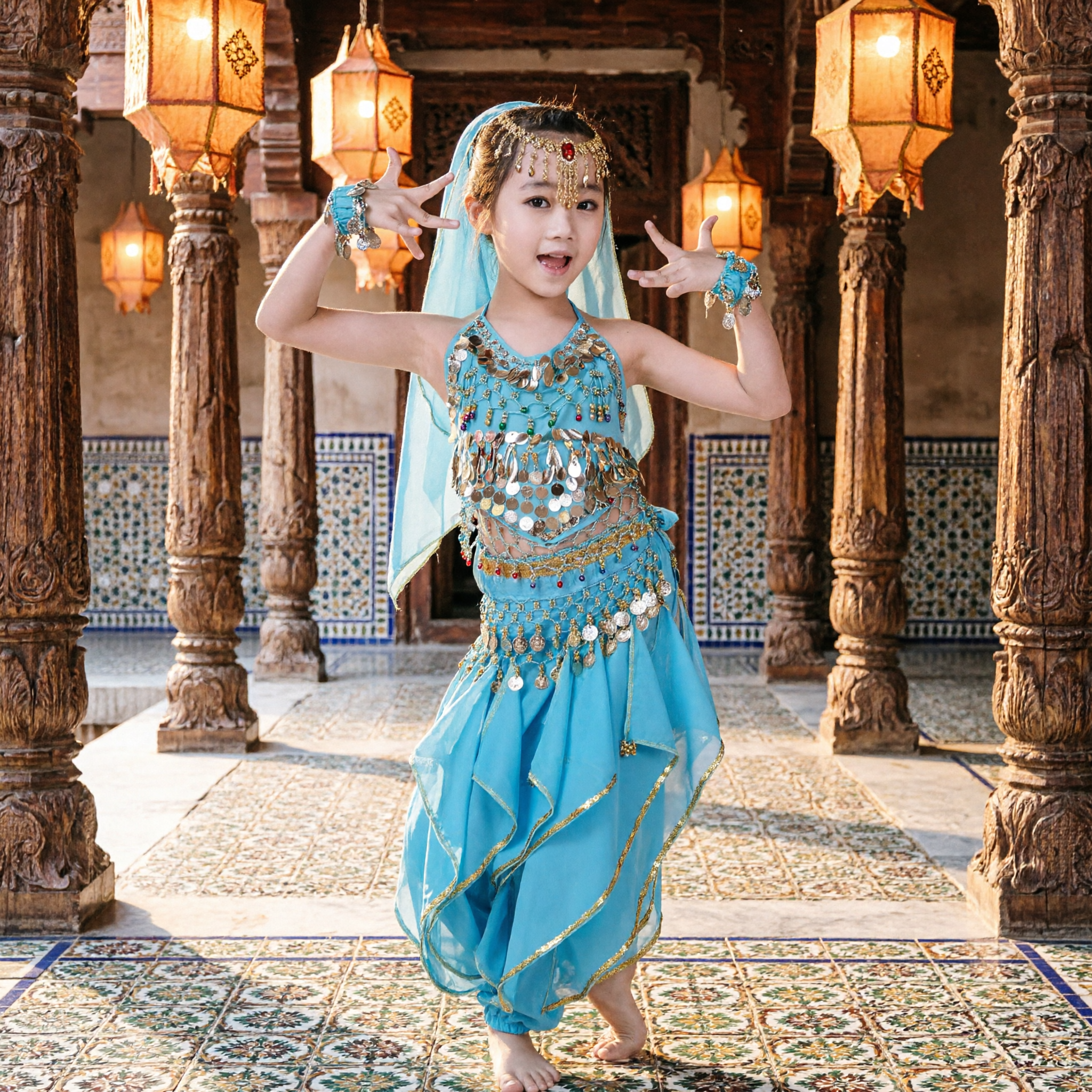 Girls Blue Indian Bollywood Belly Dance Costume Kids Princess Outfit for Halloween Party - Asian Costume