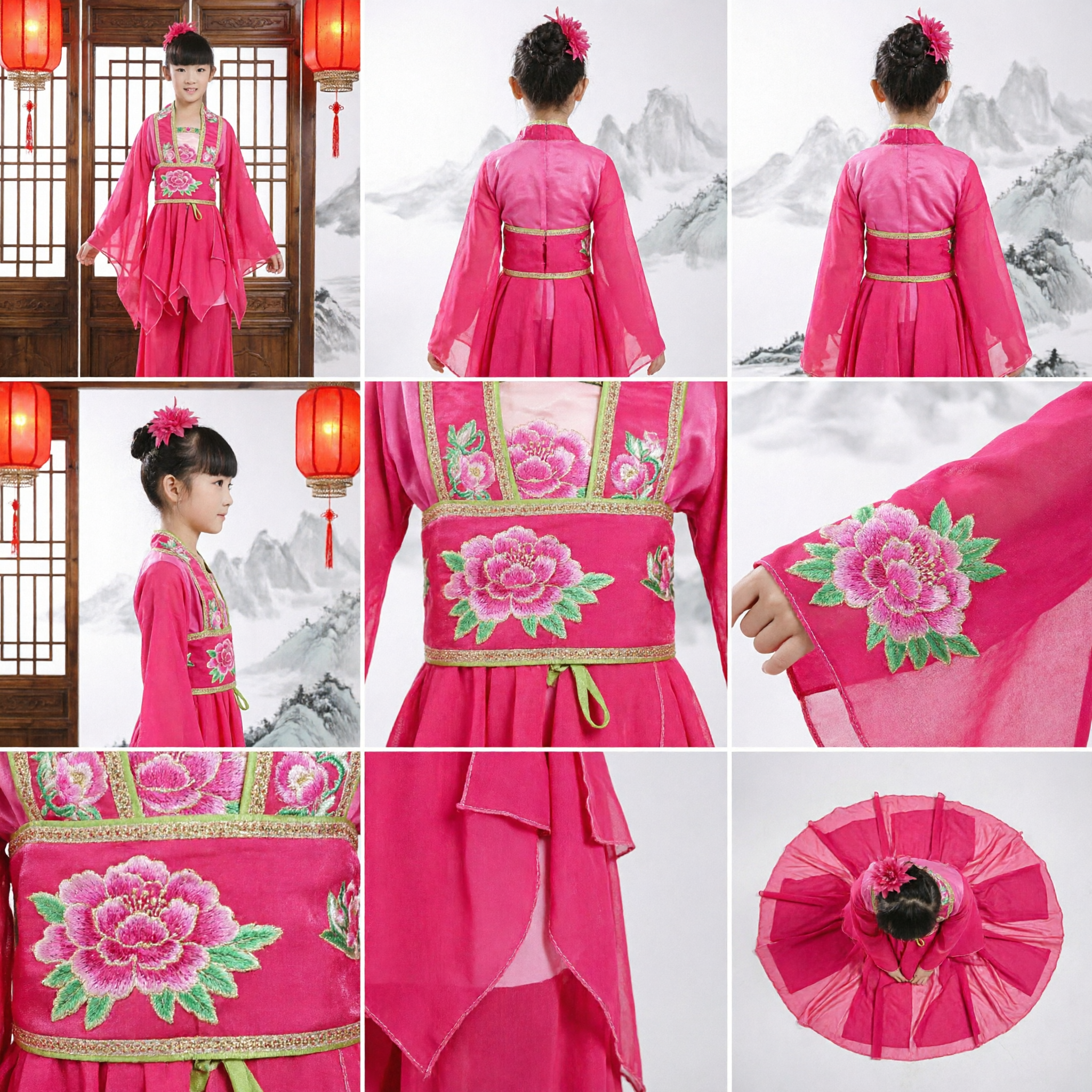 Chinese Traditional Folk Dance Costume for Girls Pink Peony Embroidery Stage Performance Hanfu Outfit - Asian Costume