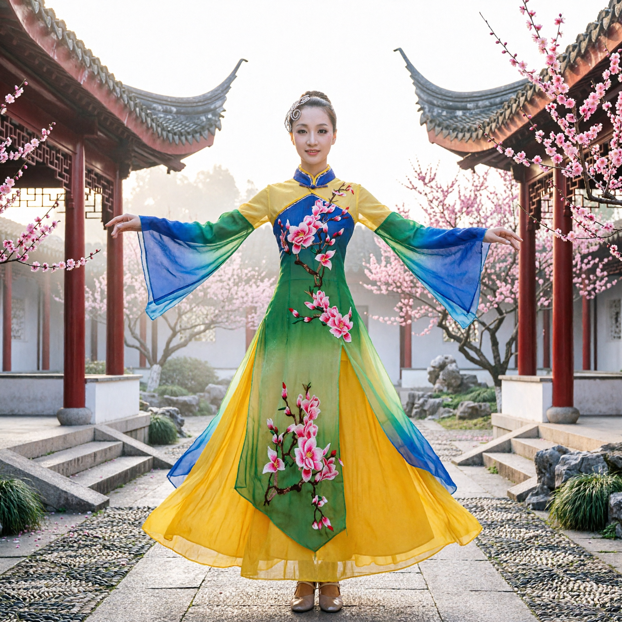 Traditional Chinese Folk Dance Costume Women Floral Cheongsam Dress Stage Performance Yangge Fan Dance Outfit - Asian Costume