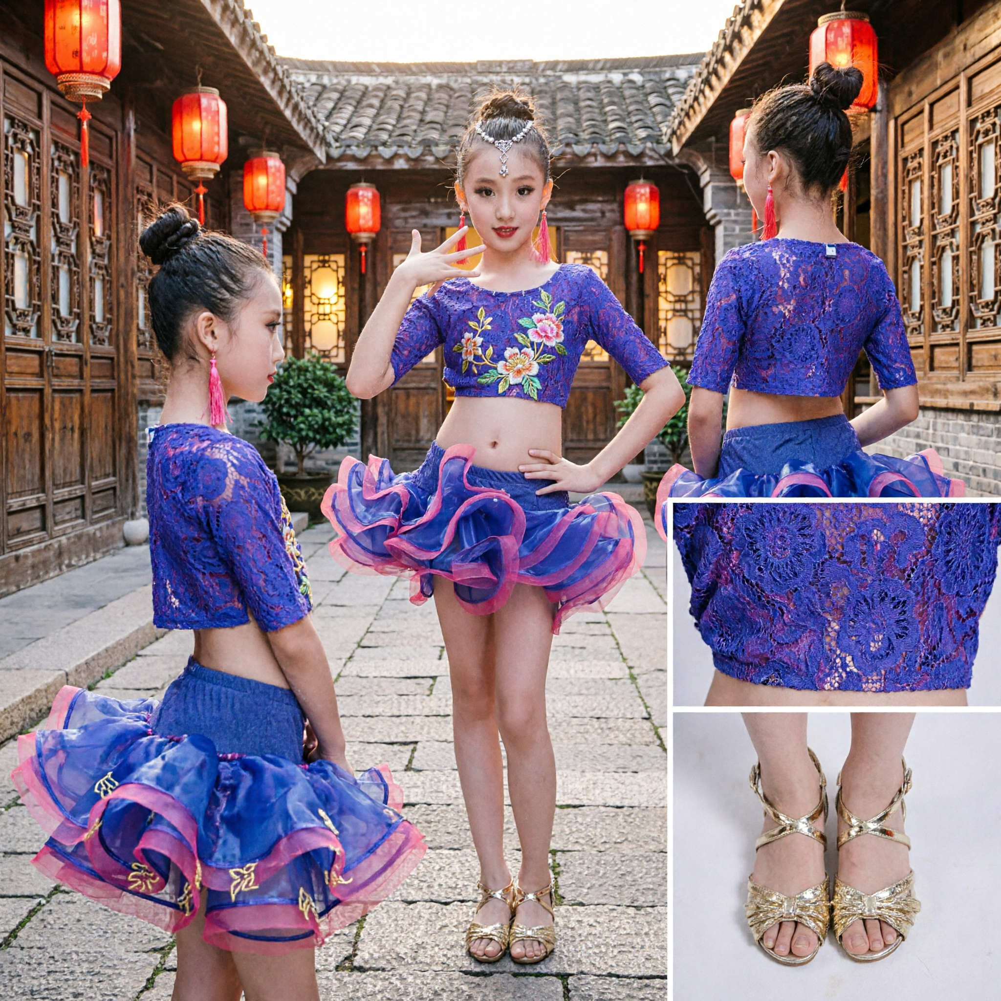 Girls Latin Dance Costume Blue Purple Sequin Crop Top Ruffled Skirt Ballroom Cha Cha Performance Outfit - Asian Costume