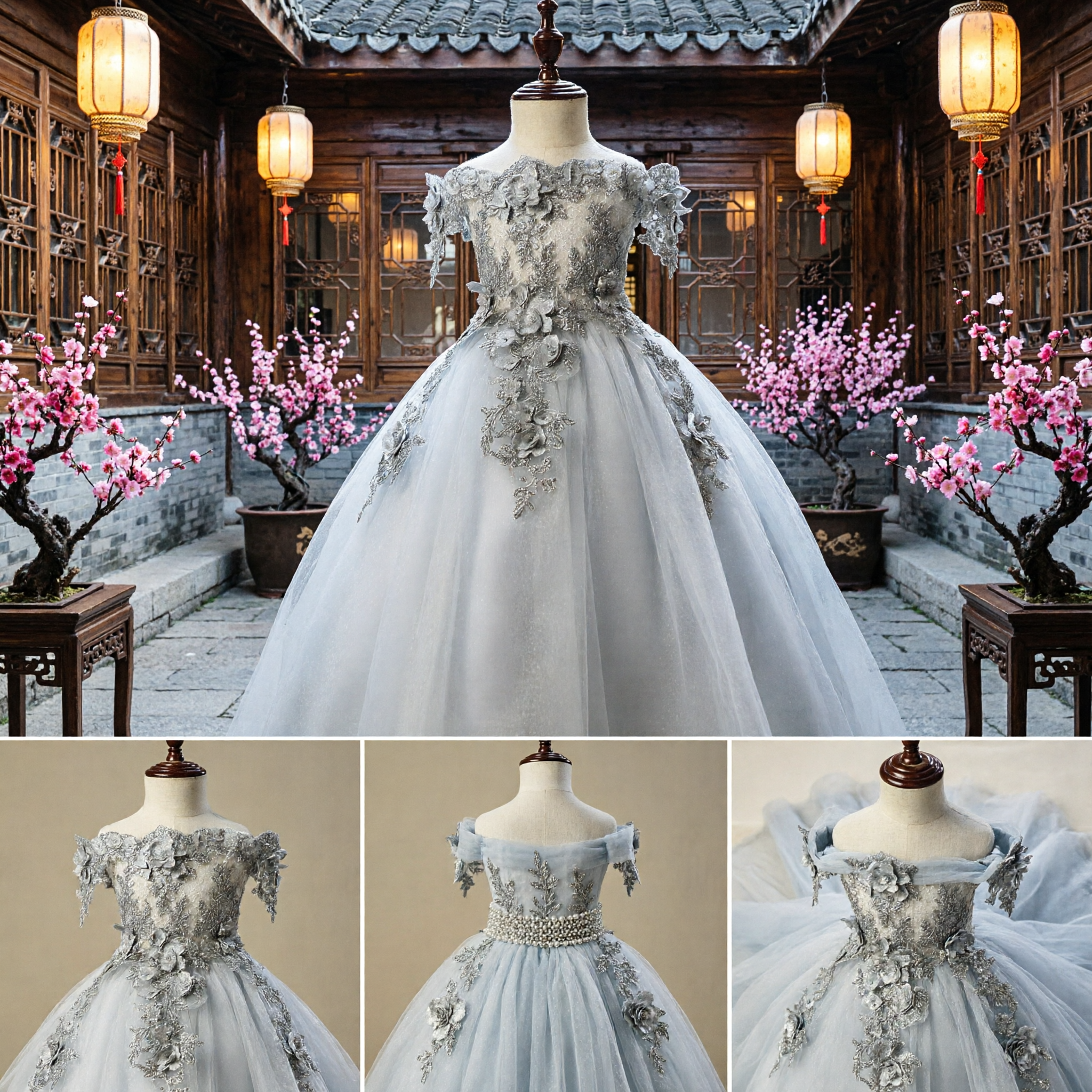 Elegant Silver Grey Flower Girl Dress Off-Shoulder Lace Applique Tulle Ball Gown for Wedding Party - Asian Costume