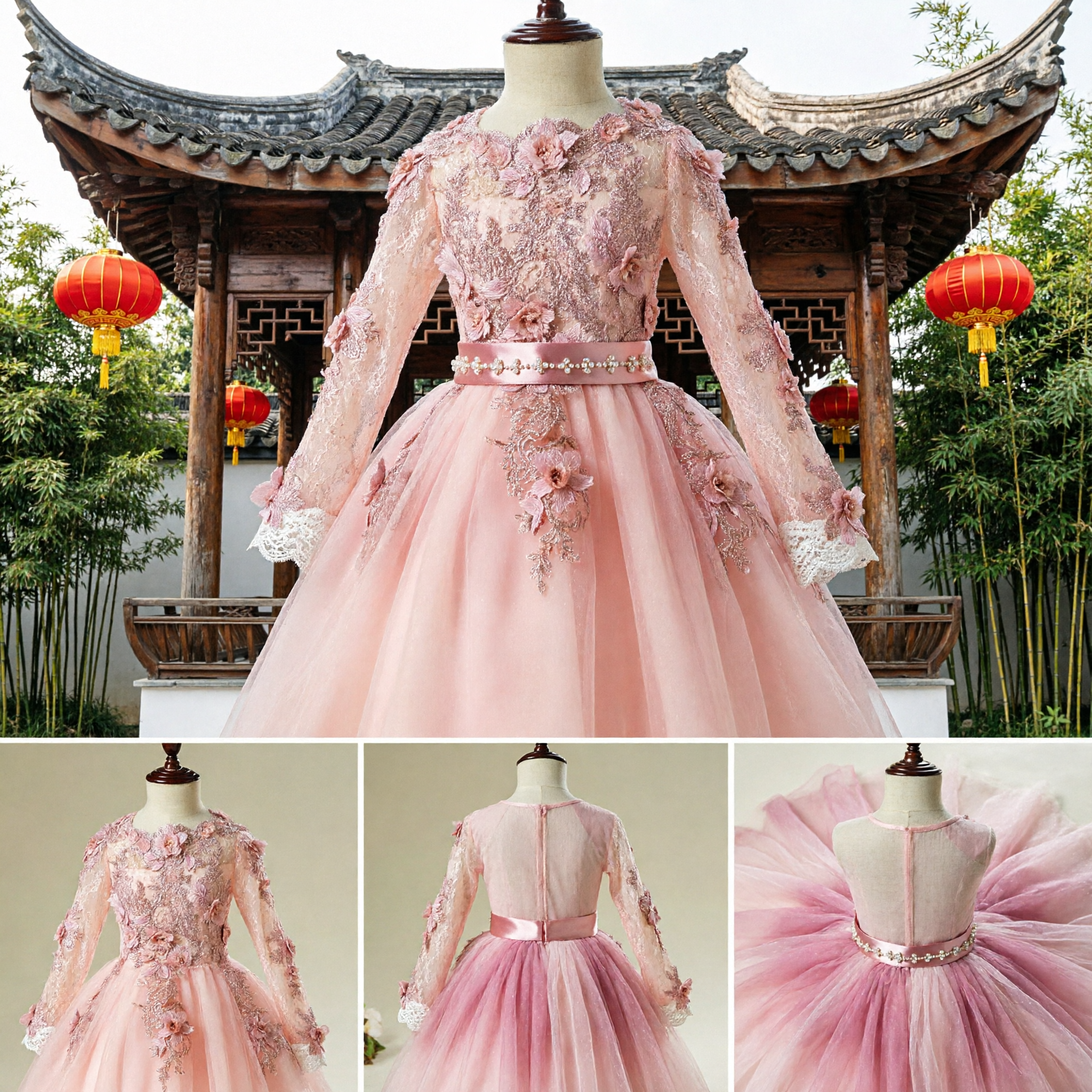Girls Pink Lace Long Sleeve Flower Girl Dress 3D Floral Applique A-Line Tulle Wedding Party Gown - Asian Costume