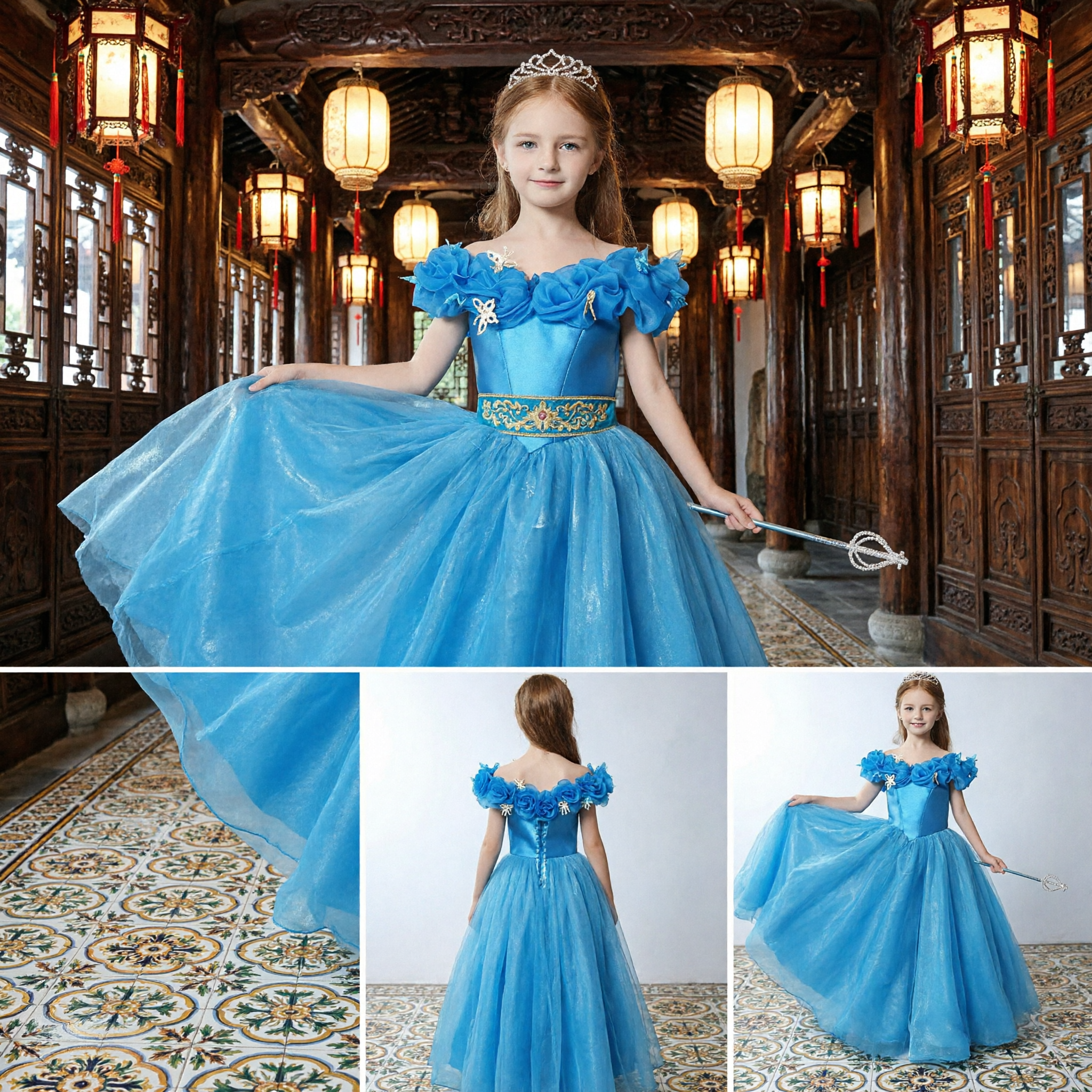 Girls Blue Cinderella Princess Costume Dress Long Tulle Ball Gown with Floral Sleeves for Party Performance - Asian Costume