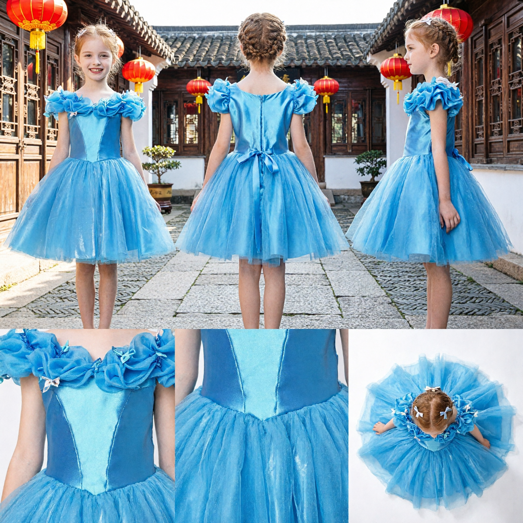 Kids Girls Blue Cinderella Princess Dress with Tulle Skirt for Halloween Party Performance Costume - Asian Costume