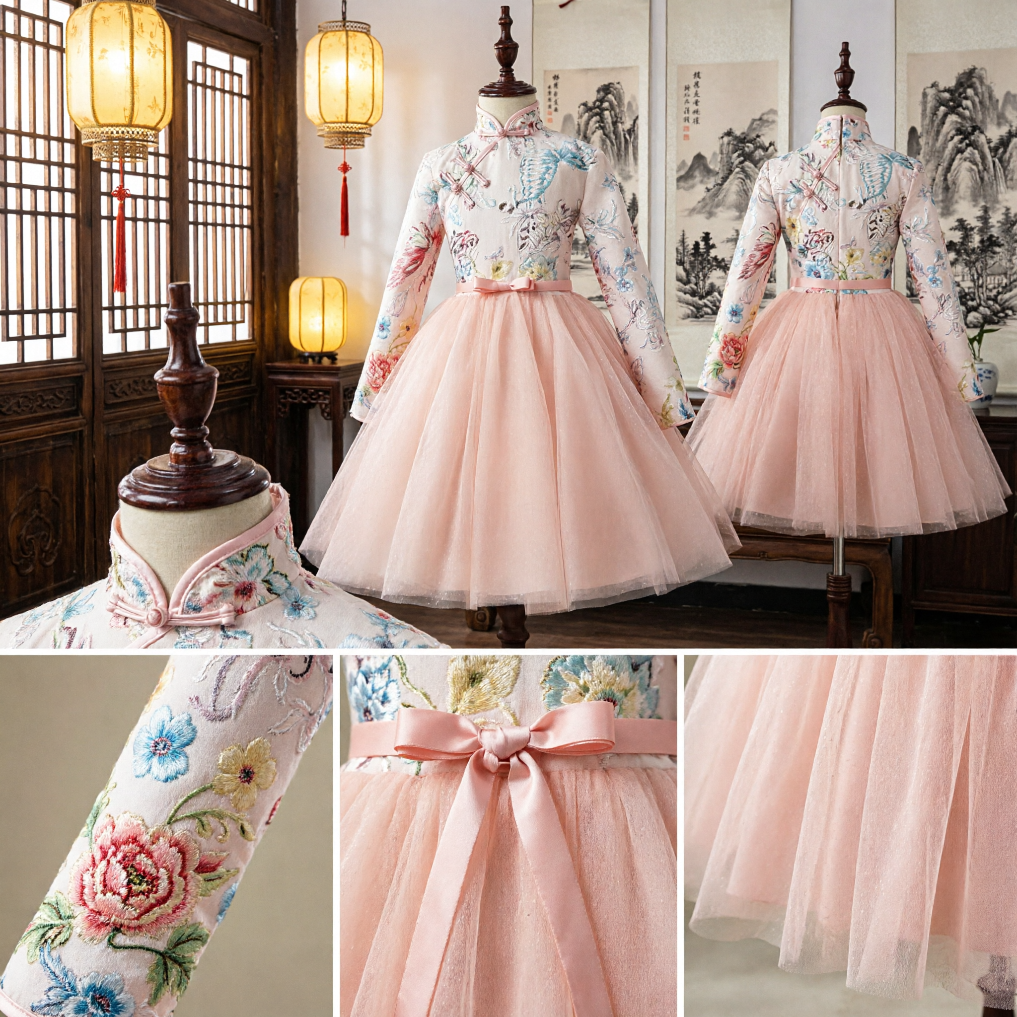 Girls Traditional Chinese Cheongsam Dress Floral Embroidery Mandarin Collar Top Pink Tulle Skirt for Wedding Flower Girl - Asian Costume