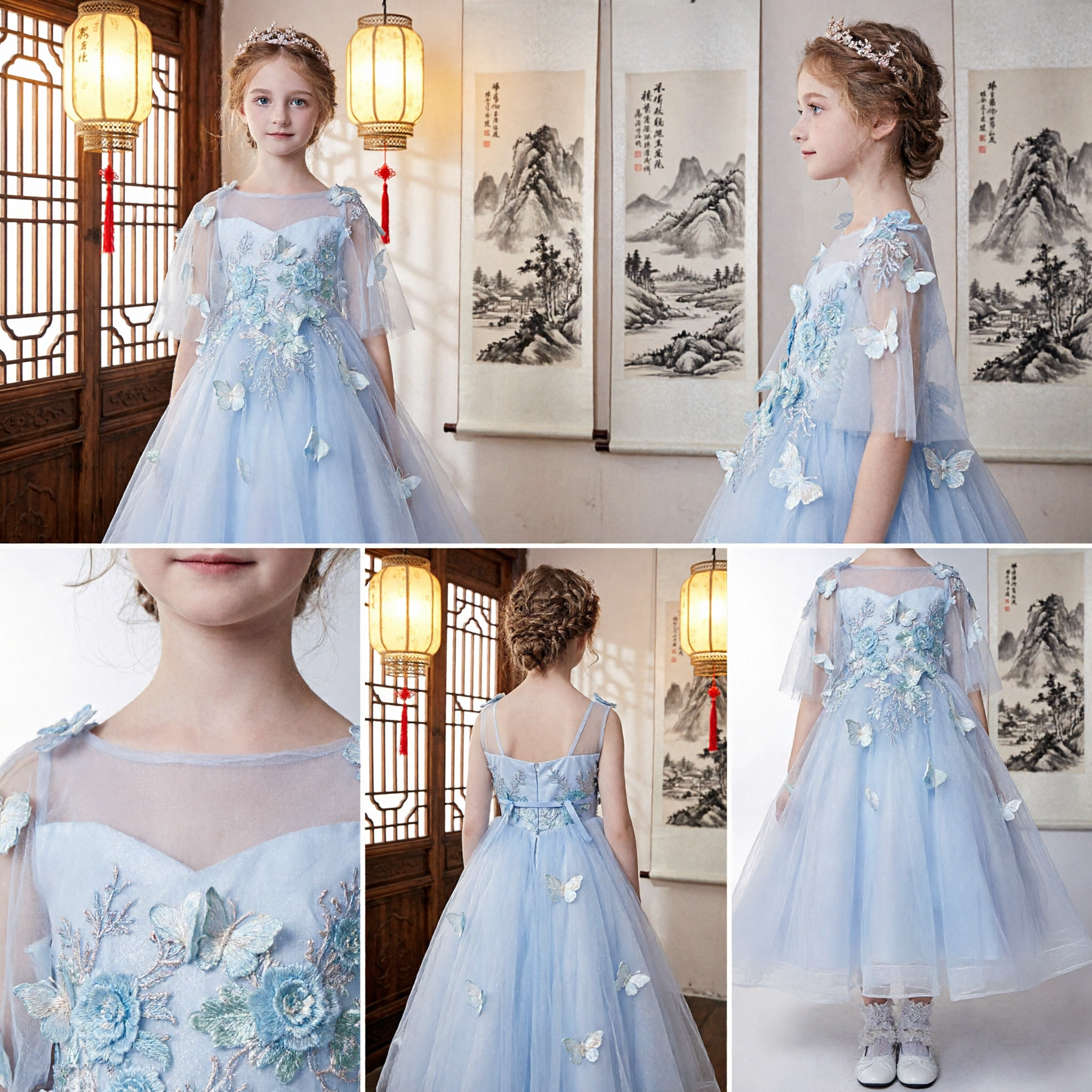 Elegant Light Blue Tulle Flower Girl Dress with 3D Butterfly Appliques Kids Wedding Party Gown - Asian Costume