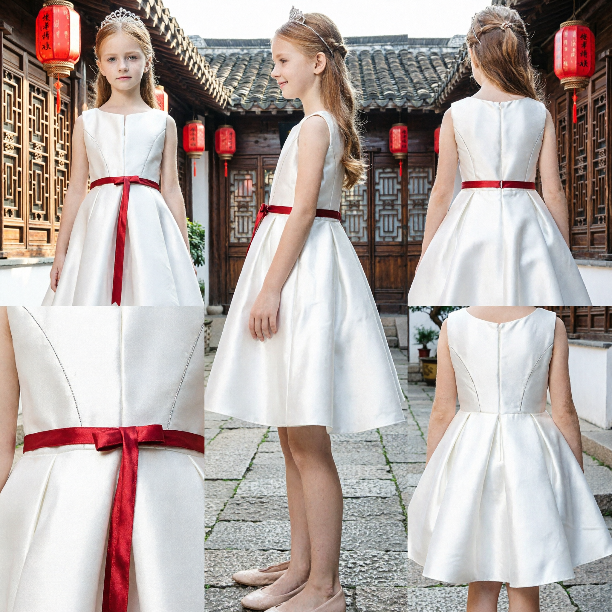 Girls White Sleeveless A-Line Dress with Red Sash for Flower Girl Wedding Party Pageant - Asian Costume