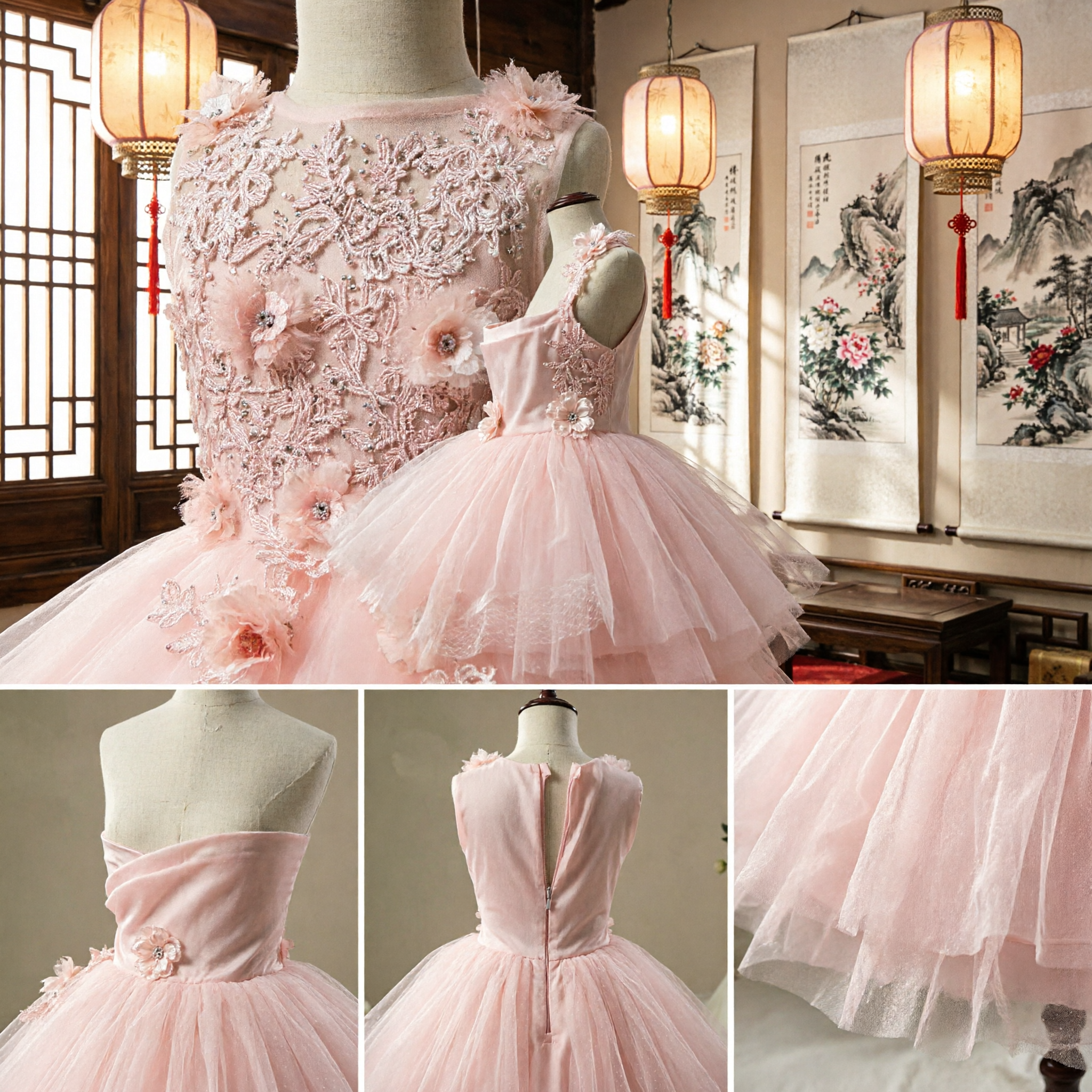 Elegant Pink Floral Lace Bodice Tulle Tutu Dress for Kids Flower Girl Wedding Party Gown - Asian Costume