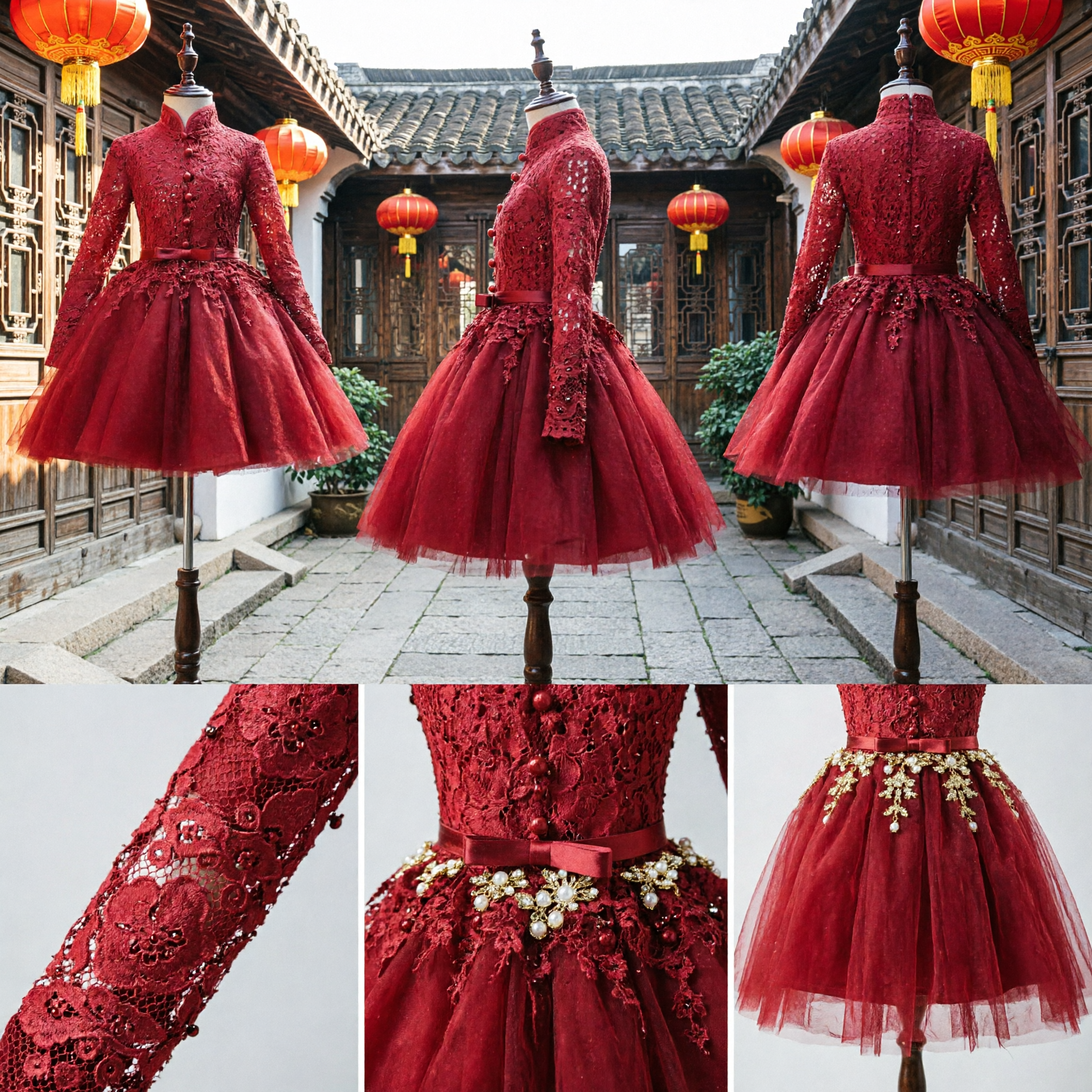 Traditional Red Lace Kids Cheongsam Dress Long Sleeve Mandarin Collar Flower Girl Wedding Chinese New Year Gown - Asian Costume