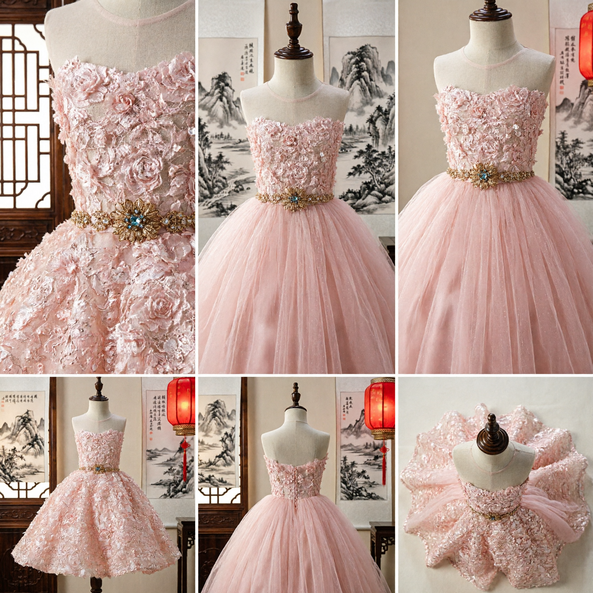 Blush Pink Floral Applique Short Prom Dress Junior Bridesmaid Flower Girl Wedding Party Gown - Asian Costume