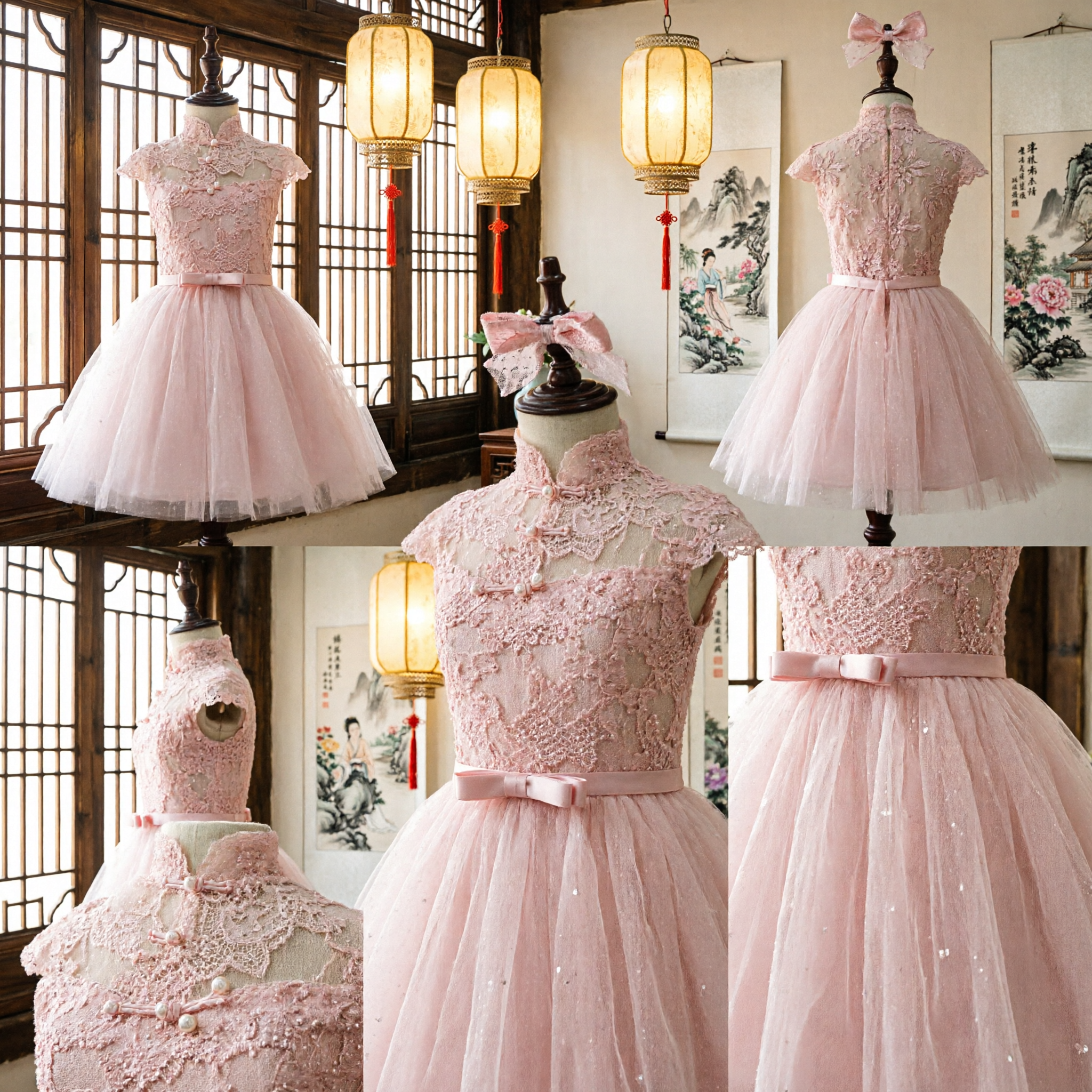 Pink Lace Cheongsam Dress for Girls Traditional Chinese Qipao Wedding Flower Girl Party Gown with Tulle Skirt - Asian Costume