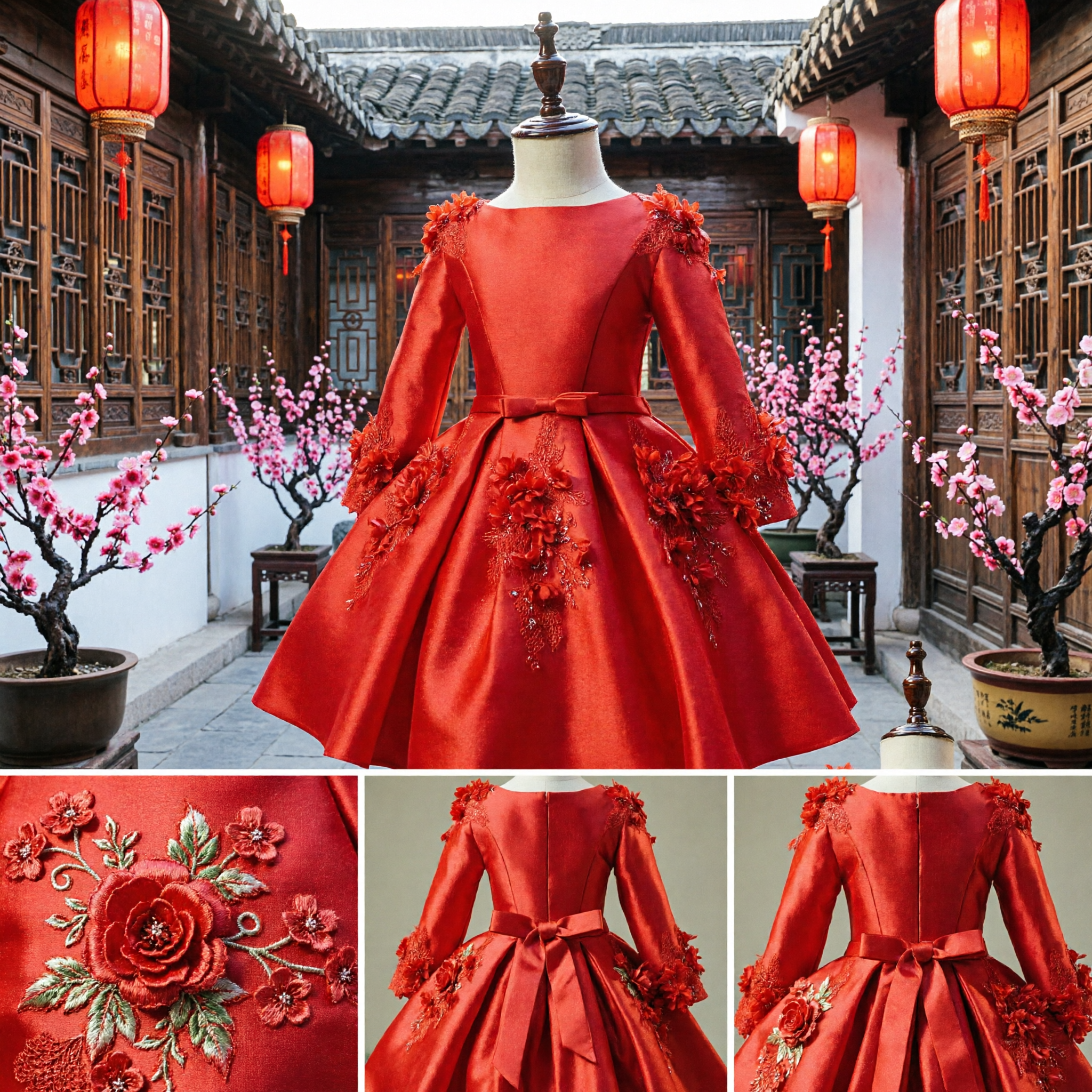 Kids Red Princess Dress Long Sleeve Floral Applique Flower Girl Wedding Party Gown for Girls - Asian Costume