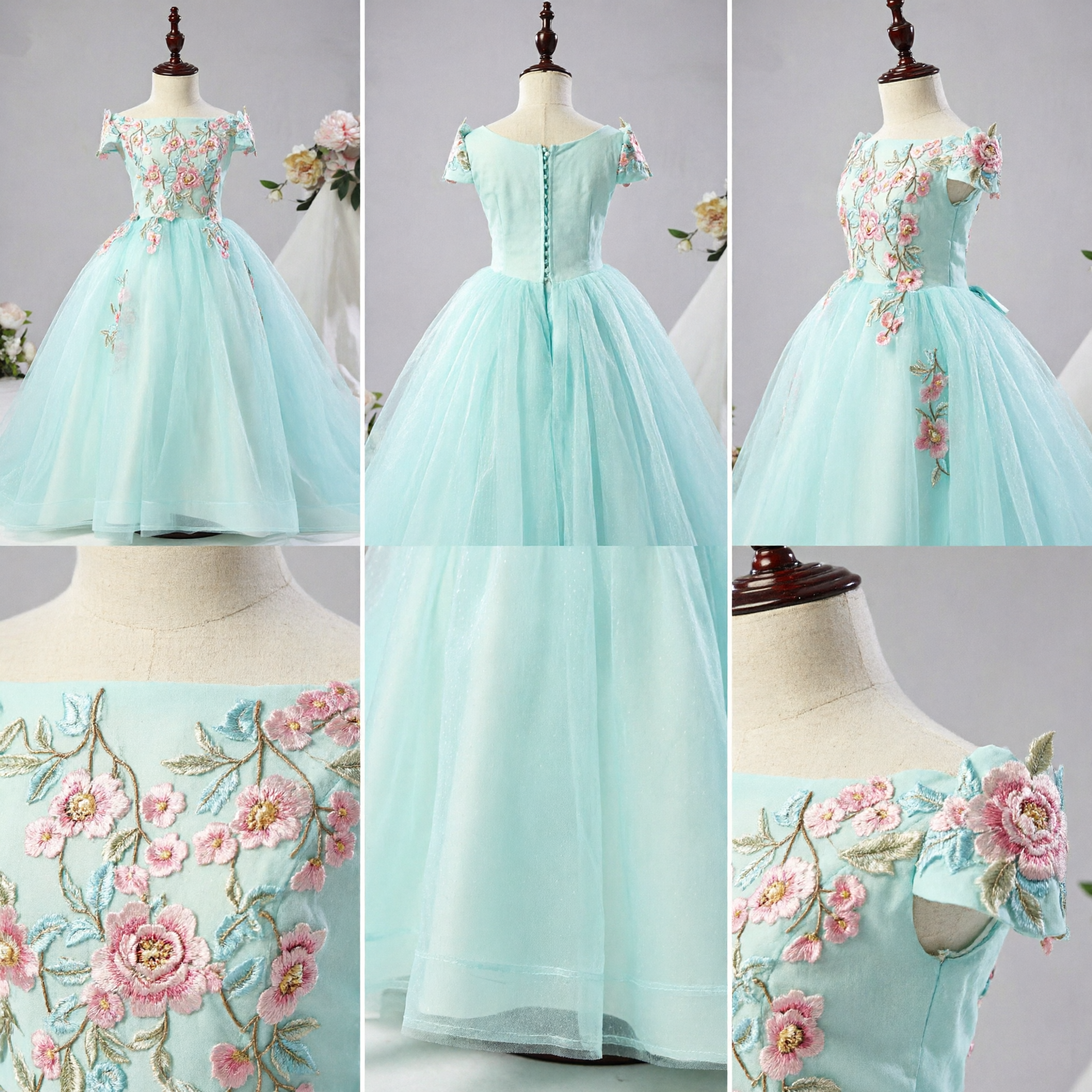 Elegant Light Blue Floral Embroidery Flower Girl Dress Off-Shoulder Tulle Ball Gown for Wedding Party - Asian Costume