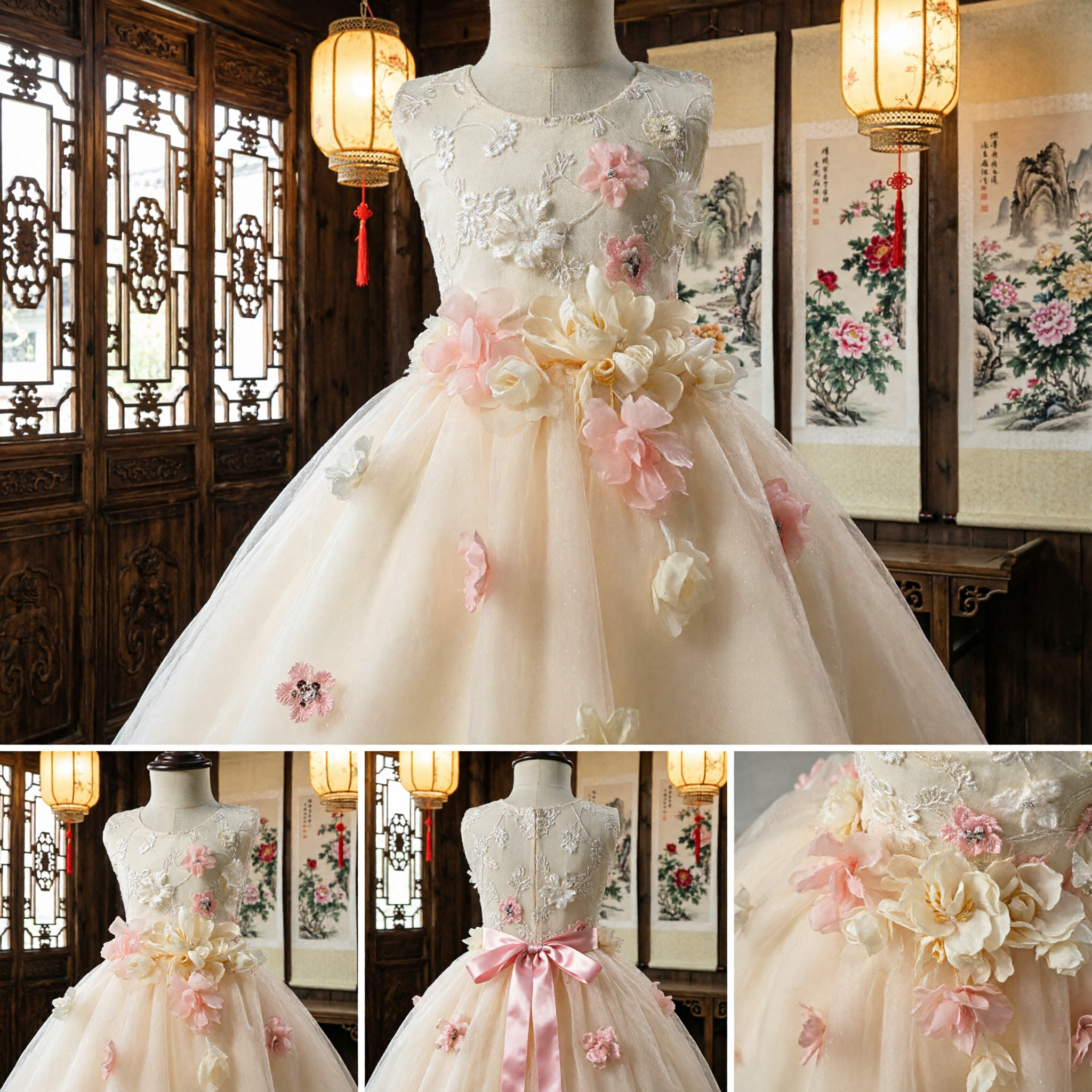 Kids Girls Formal Wedding Dress Princess Tulle Gown with 3D Flowers for Flower Girl Pageant Party - Asian Costume