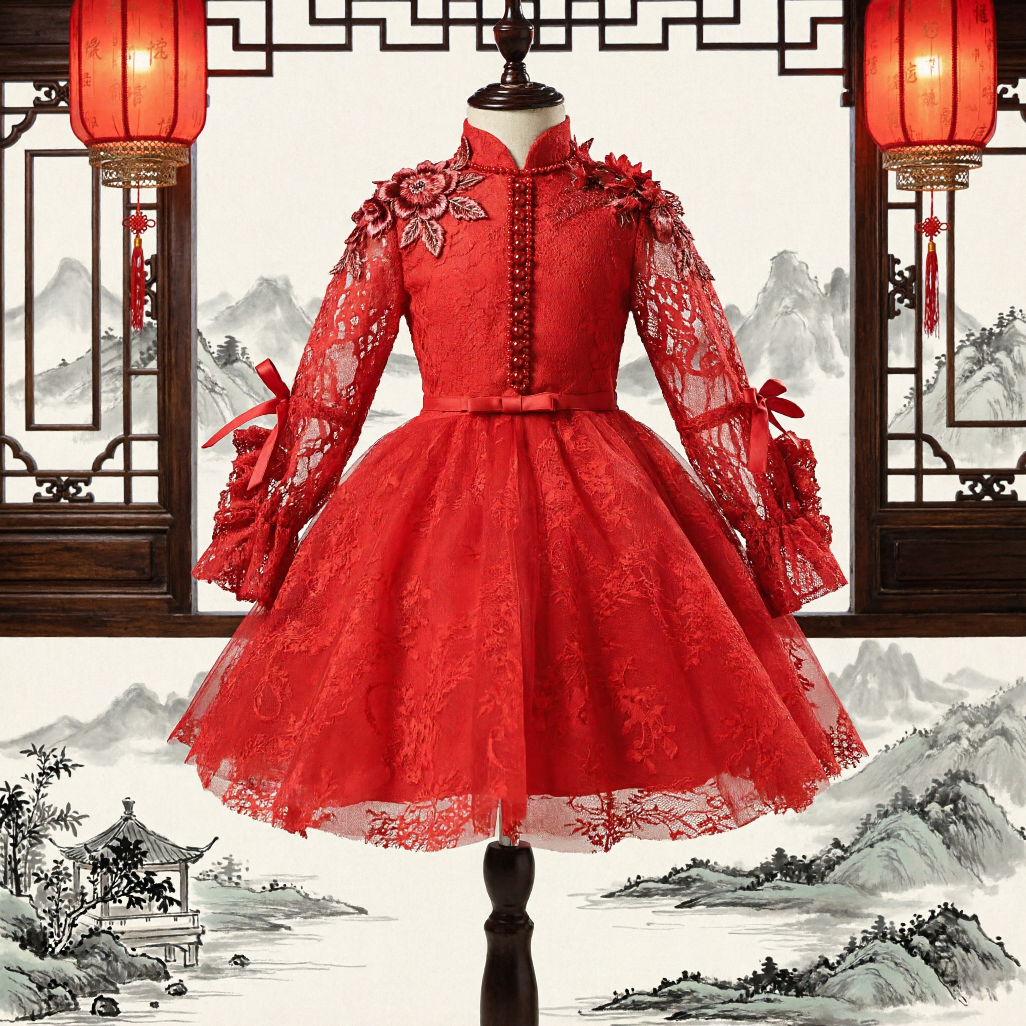 Girls Red Lace Traditional Chinese Wedding Dress Flower Girl Gown Mandarin Collar Long Sleeves - Asian Costume