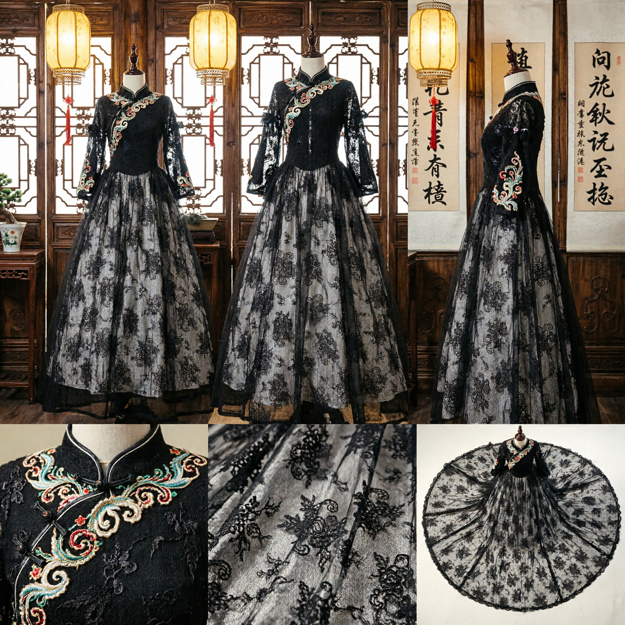 Elegant Black Lace Long Sleeve Wedding Dress Floor Length Ballgown with Train Formal Evening Gown - Asian Costume