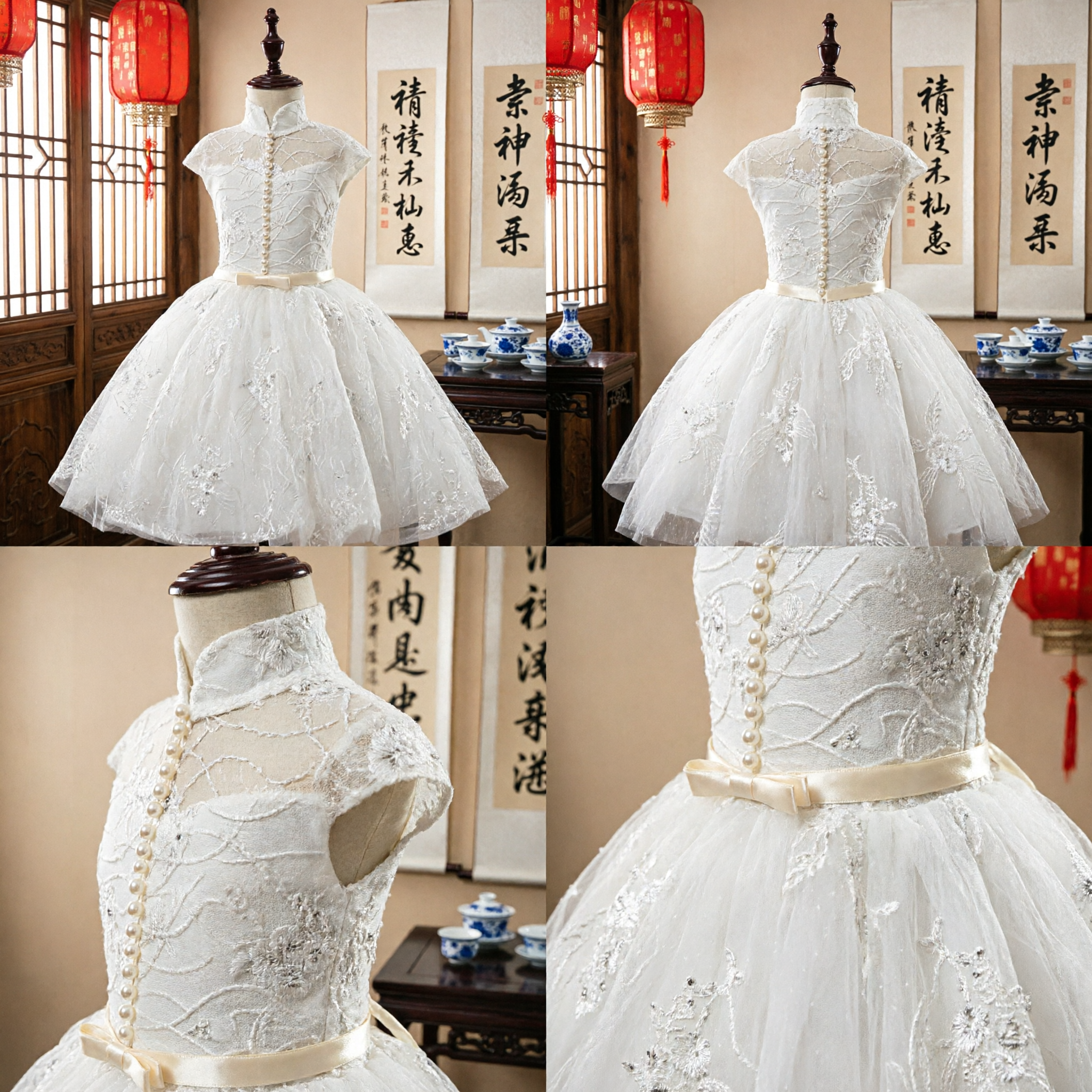 Elegant White Lace Flower Girl Dress with Mandarin Collar and Pearl Buttons for Wedding Party - Asian Costume