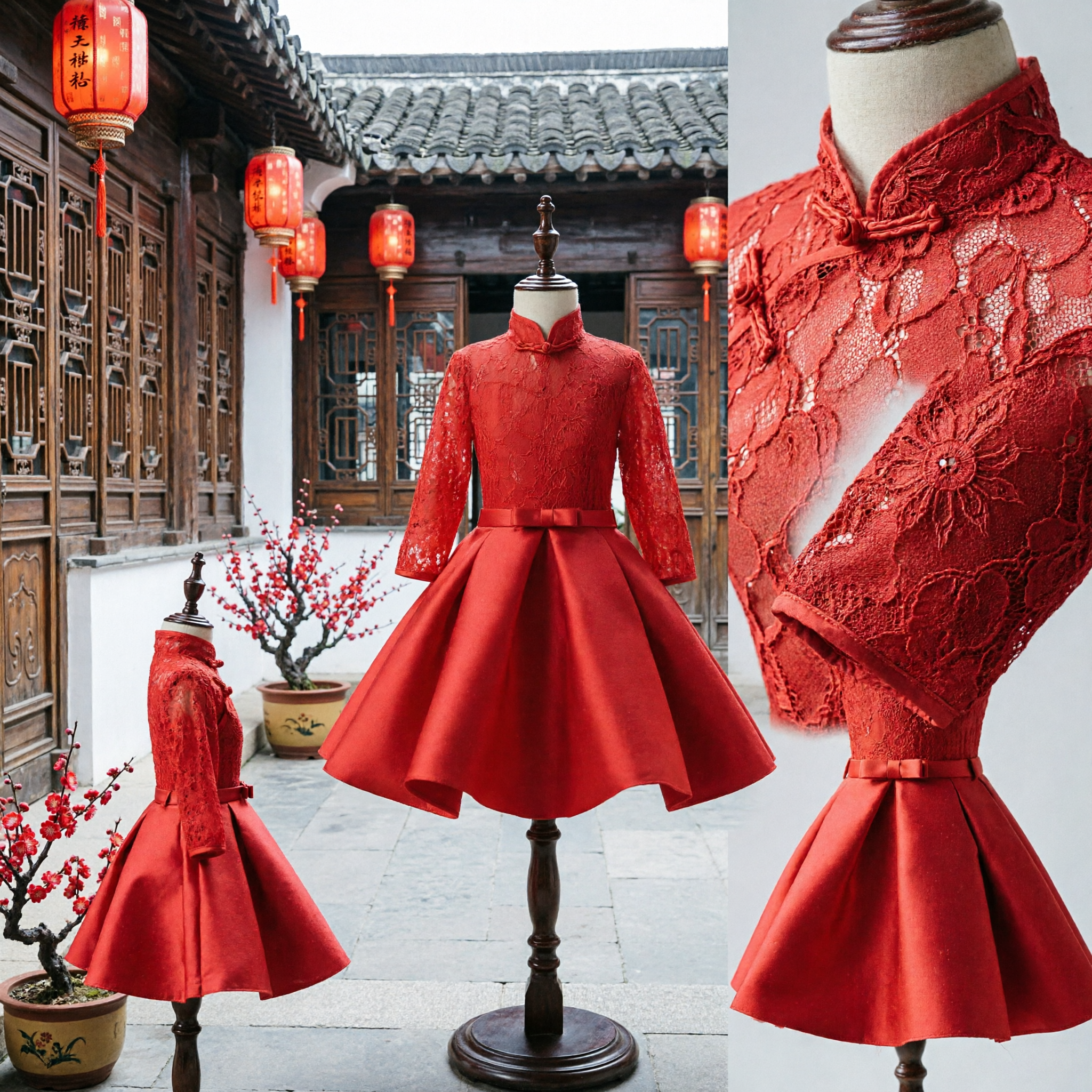 Traditional Red Lace Cheongsam Dress for Girls Kids Flower Girl Wedding Chinese New Year Party - Asian Costume