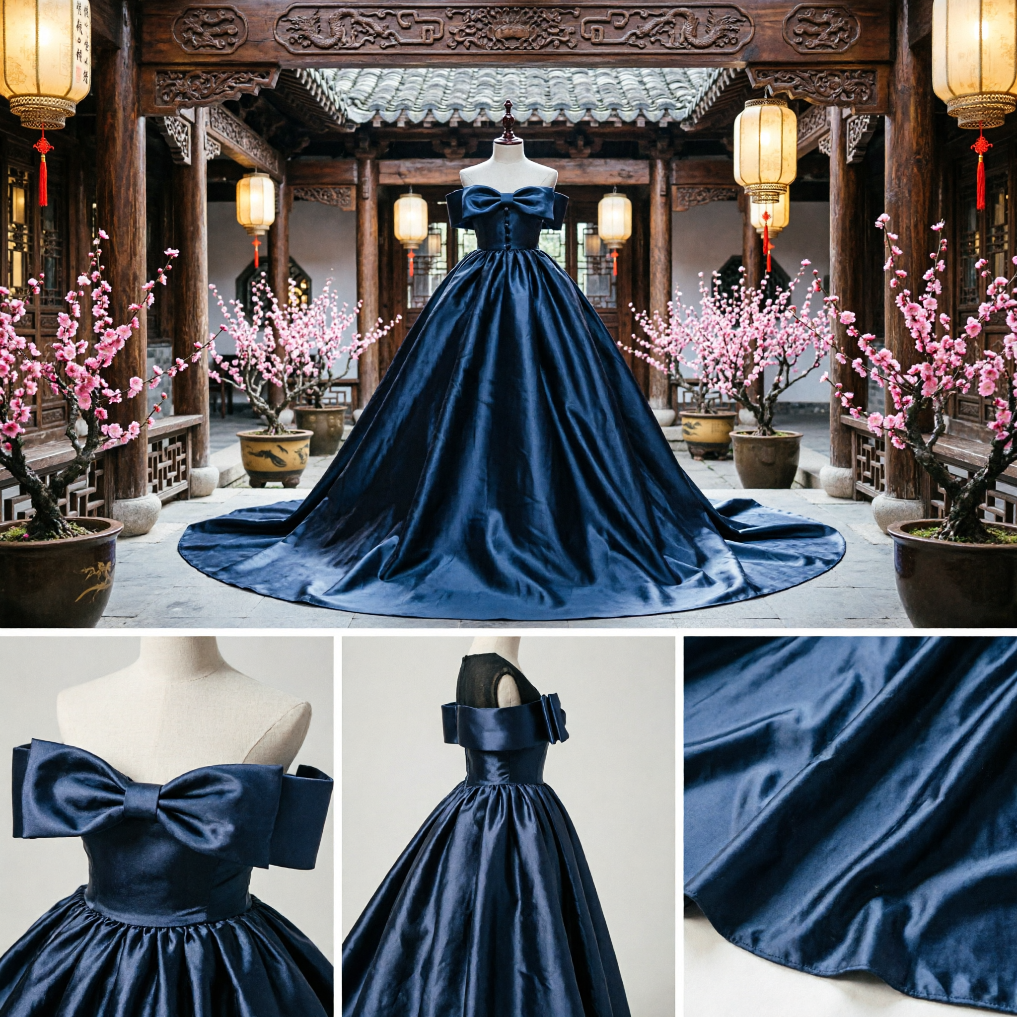 Elegant Black Off-Shoulder Satin Ball Gown with Long Train Formal Evening Dress for Prom and Parties - Asian Costume