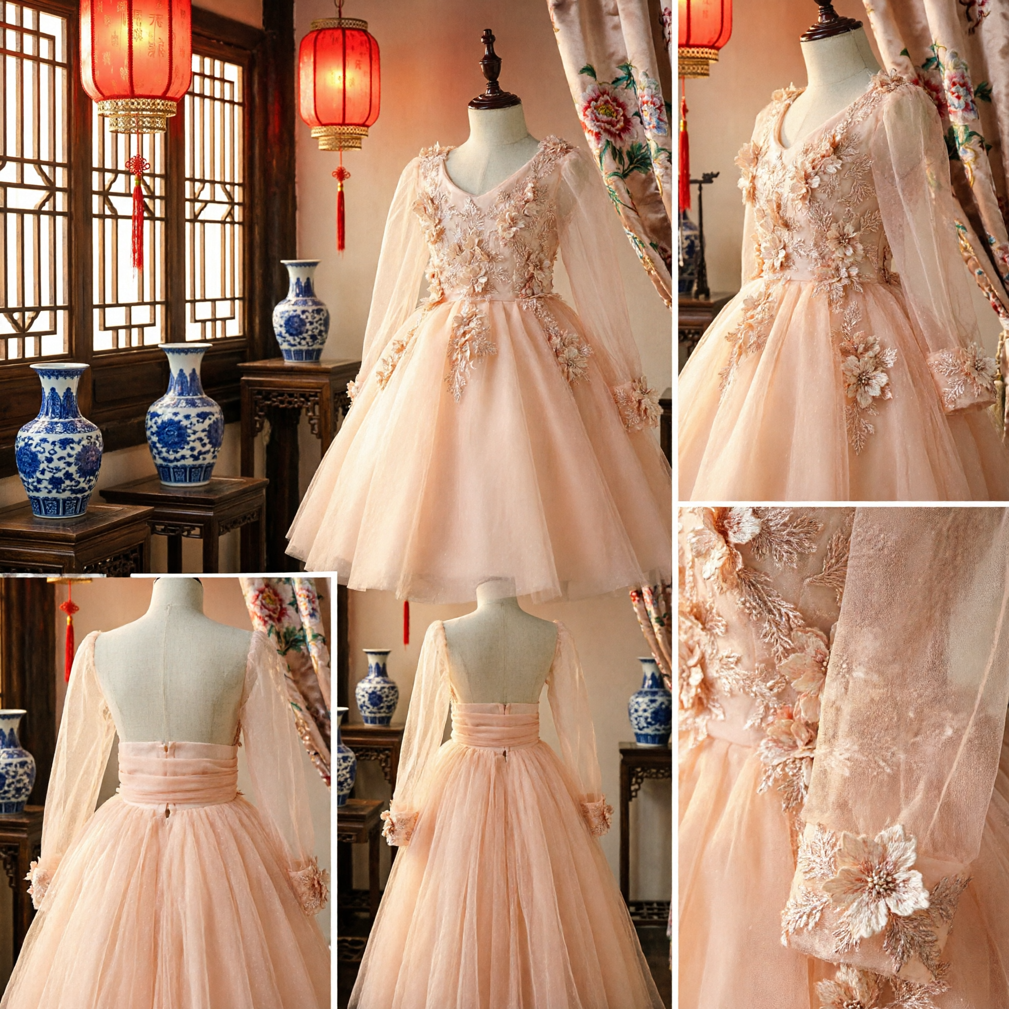 Elegant Peach Flower Girl Dress Long Sleeve 3D Floral Applique Tulle Gown for Kids Wedding Pageant - Asian Costume