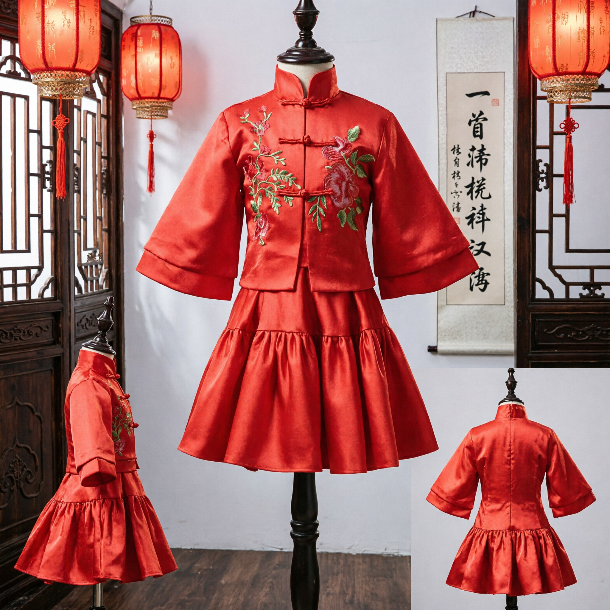 Traditional Chinese Red Tang Suit for Girls Embroidered Top and Skirt Set for Lunar New Year Wedding - Asian Costume