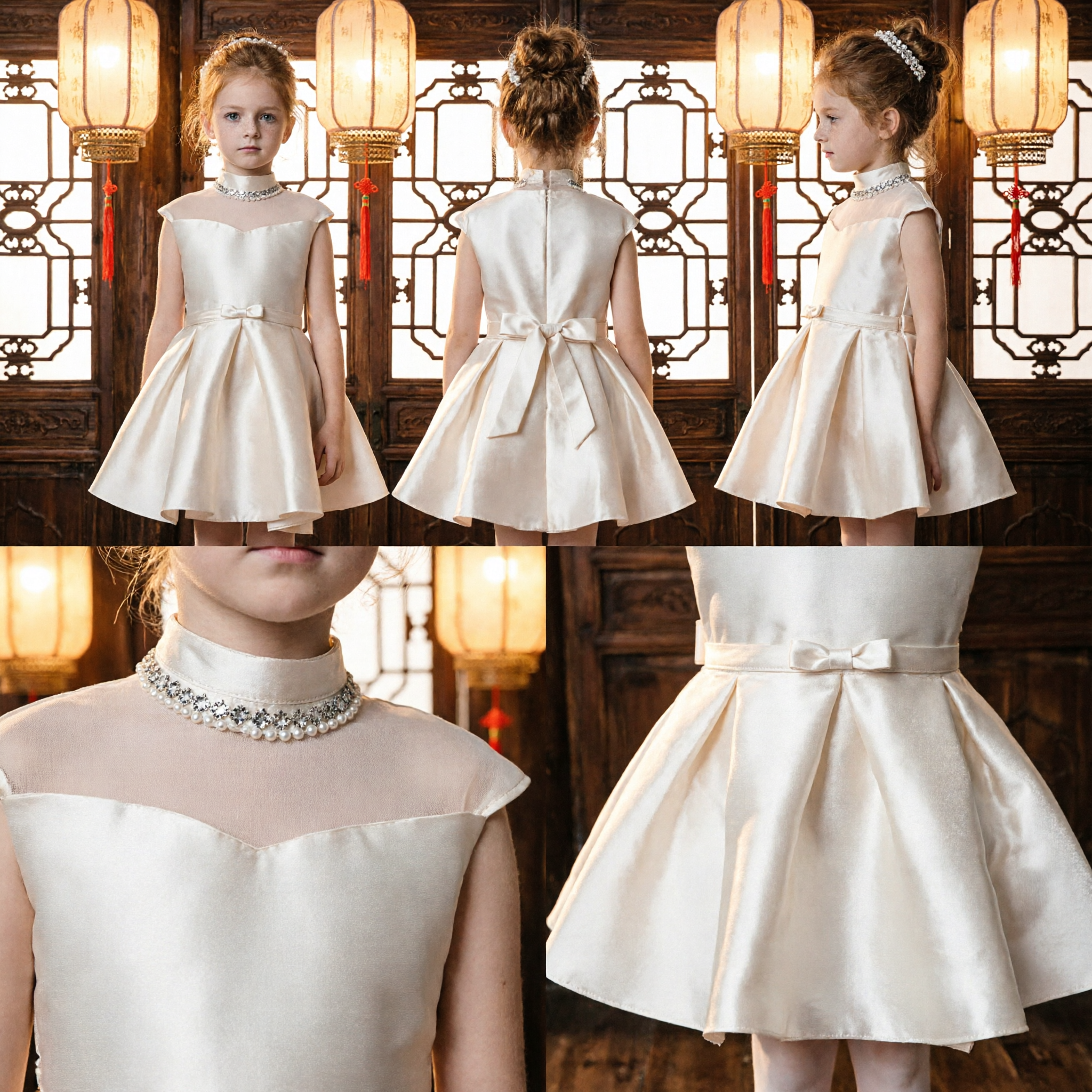 Girls Ivory Satin Flower Girl Dress Sleeveless High Neck A-Line Wedding Party Dress for Kids - Asian Costume