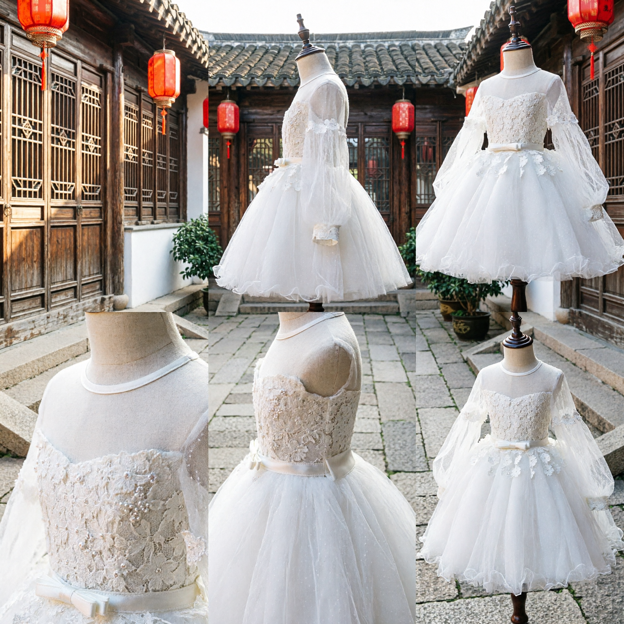 Elegant White Lace Flower Girl Dress Long Sleeve Tulle Skirt for First Communion Wedding Party - Asian Costume
