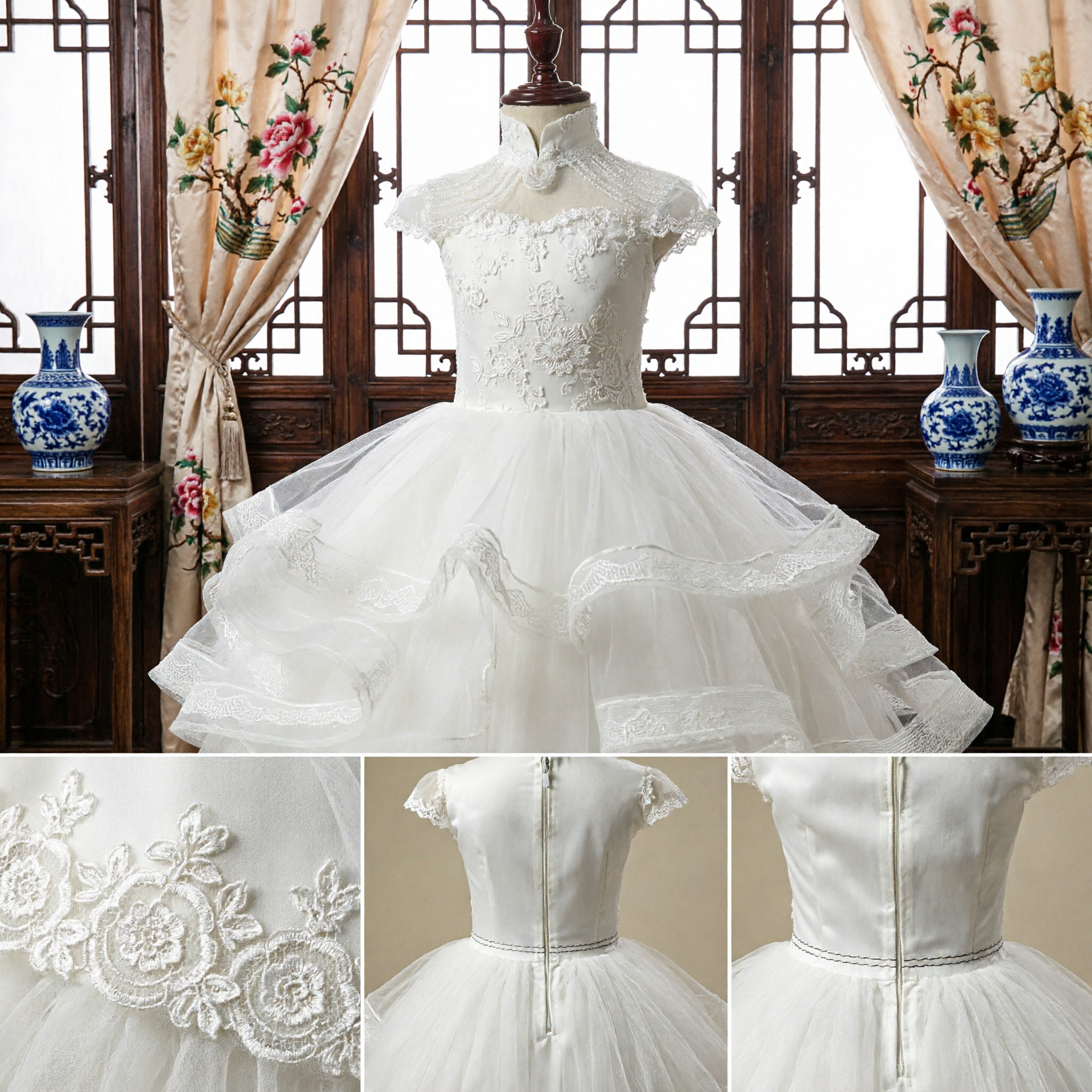 White Lace Flower Girl Dress Mandarin Collar Cheongsam Style Tulle Ballgown for Kids Wedding Party - Asian Costume