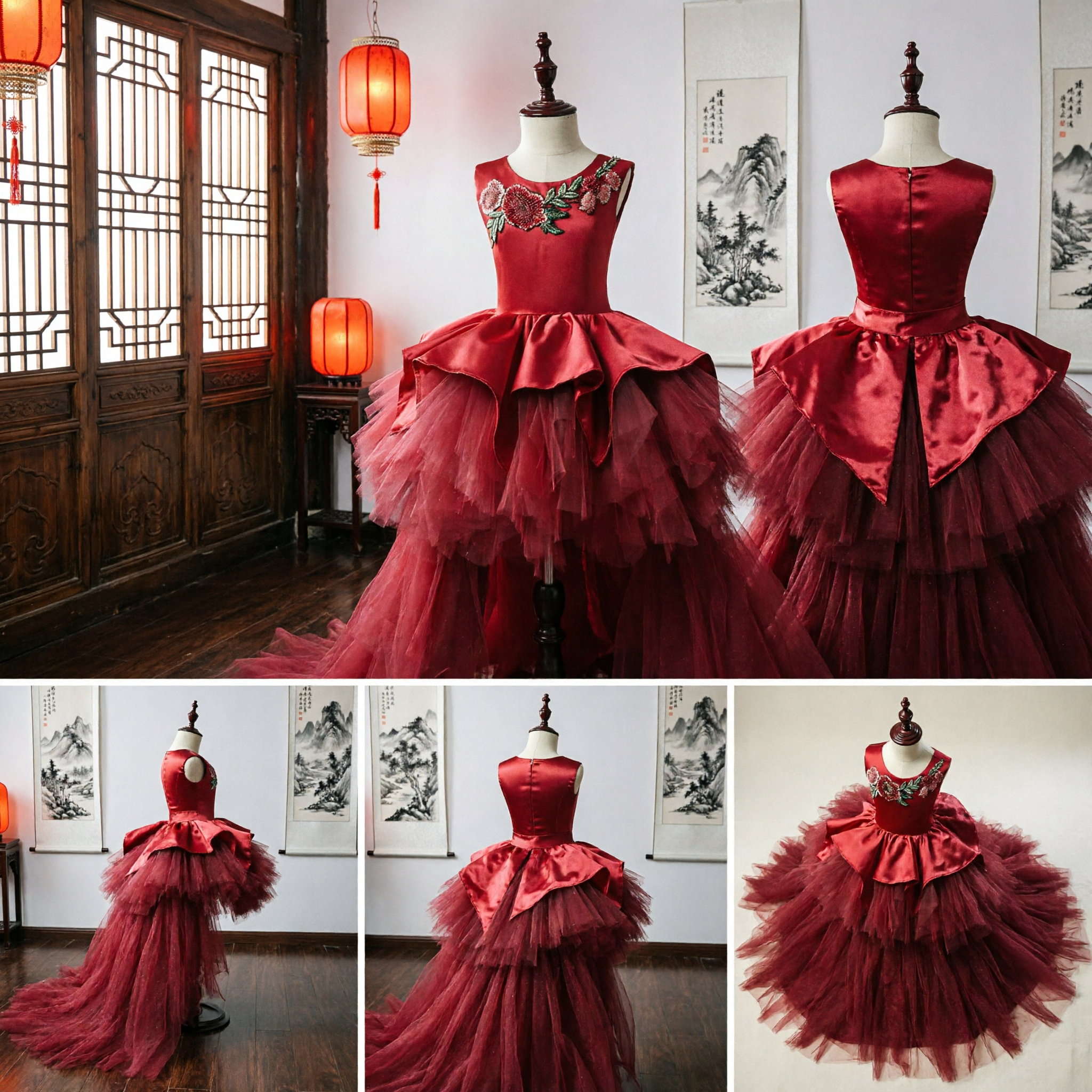 Kids Girls Red Floral Embroidery Ball Gown High Low Tulle Dress for Wedding Pageant Party - Asian Costume