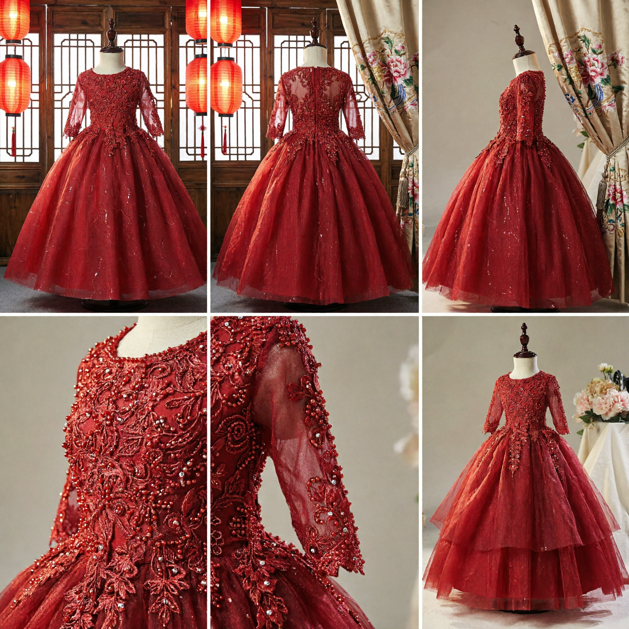 Elegant Red Flower Girl Dress Long Sleeve Lace Applique Kids Formal Ball Gown for Weddings - Asian Costume