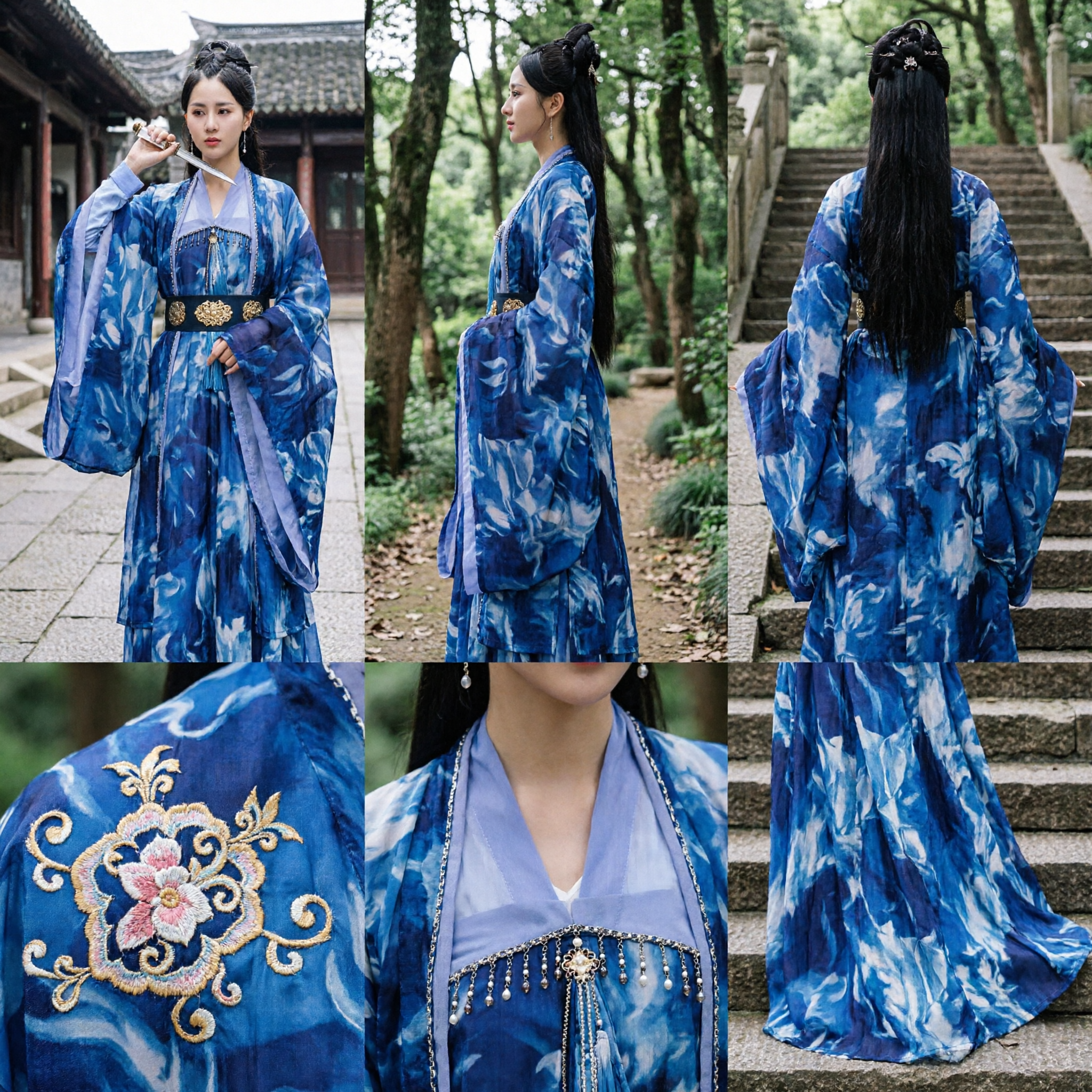 Women's Blue Ancient Chinese Hanfu Dress Traditional Fairy Costume Wuxia Swordswoman Outfit for Cosplay - Asian Costume