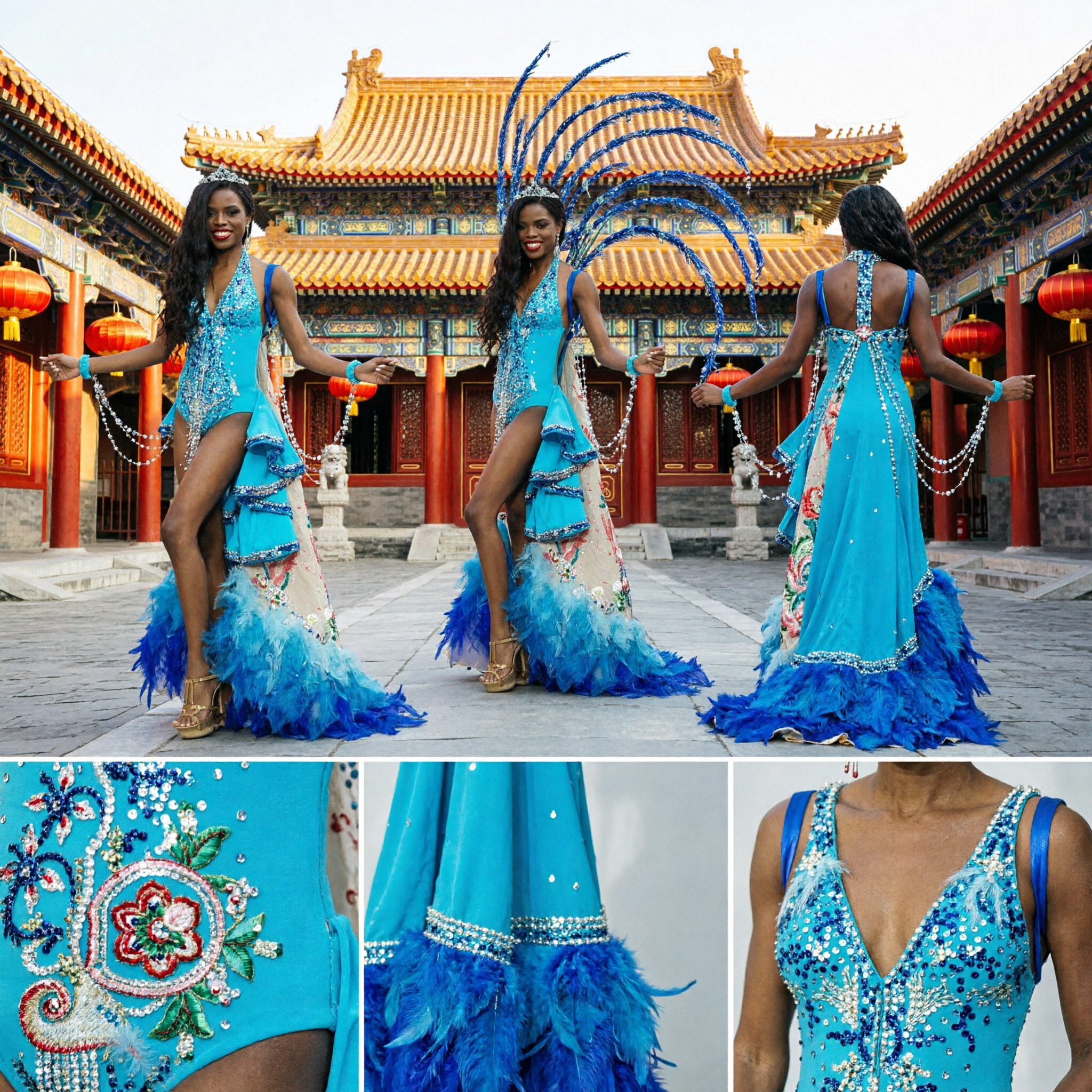 Women's Blue Rio Carnival Samba Costume with Feather Headdress Gold Fringe Parade Performance Outfit - Asian Costume