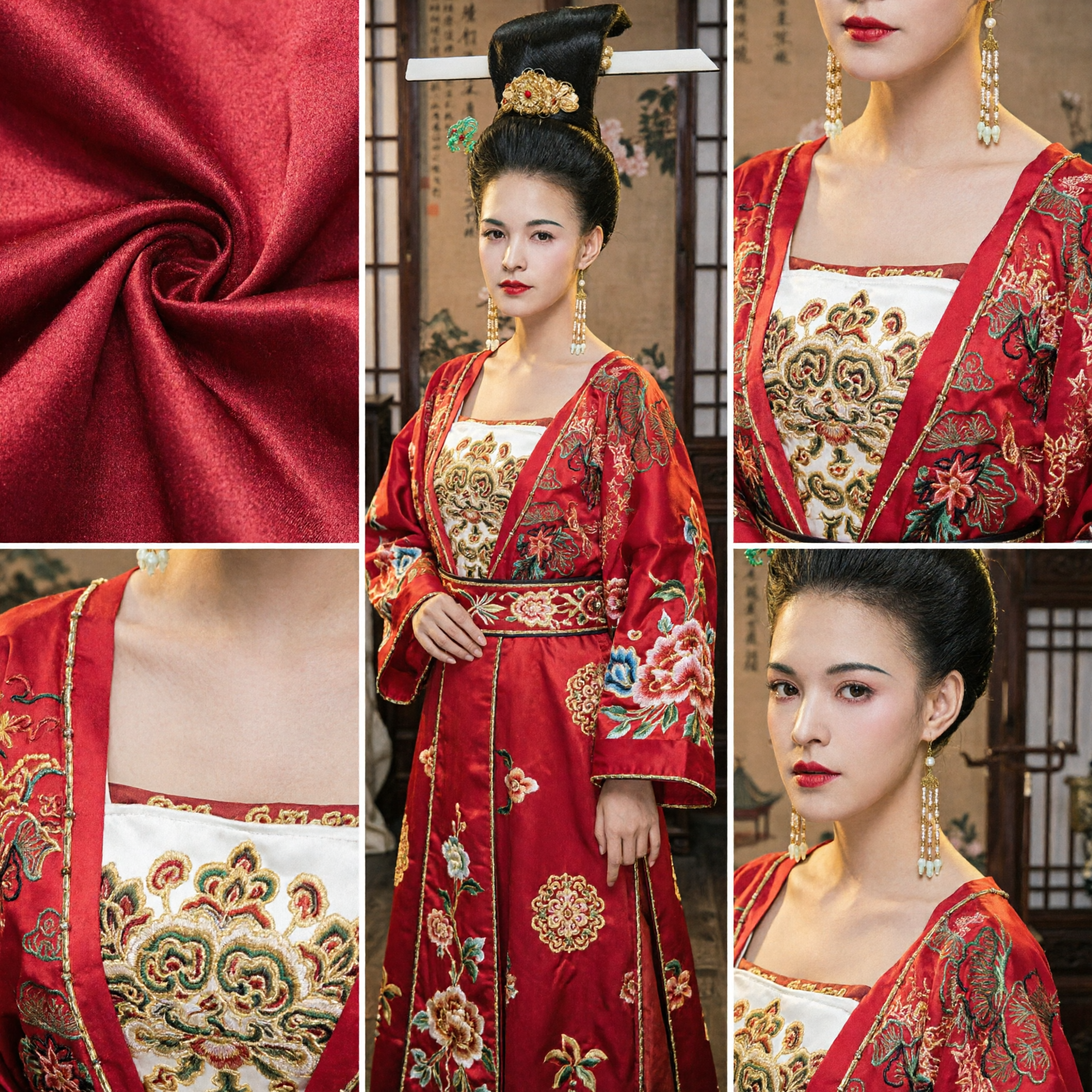 Traditional Chinese Tang Dynasty Noble Lady Hair Wig and Red Embroidered Hanfu Costume for Women Cosplay - Asian Costume
