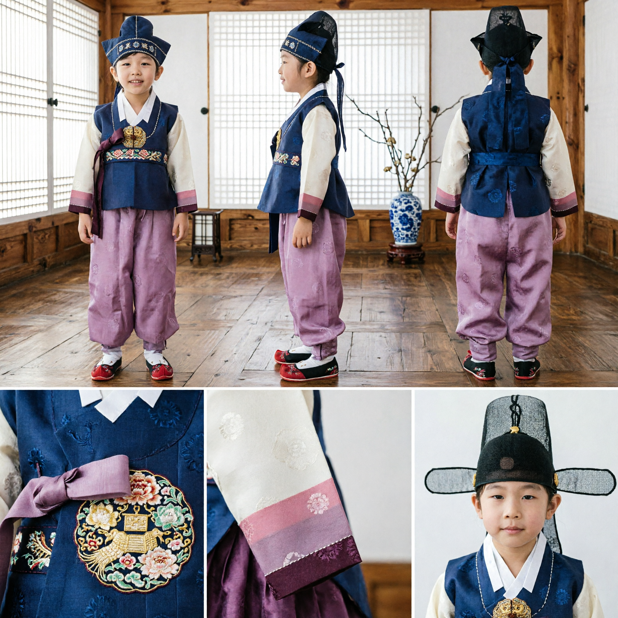 Traditional Korean Hanbok for Boys Navy Blue Vest and Pink Pants Costume for First Birthday Doljanchi Celebration - Asian Costume