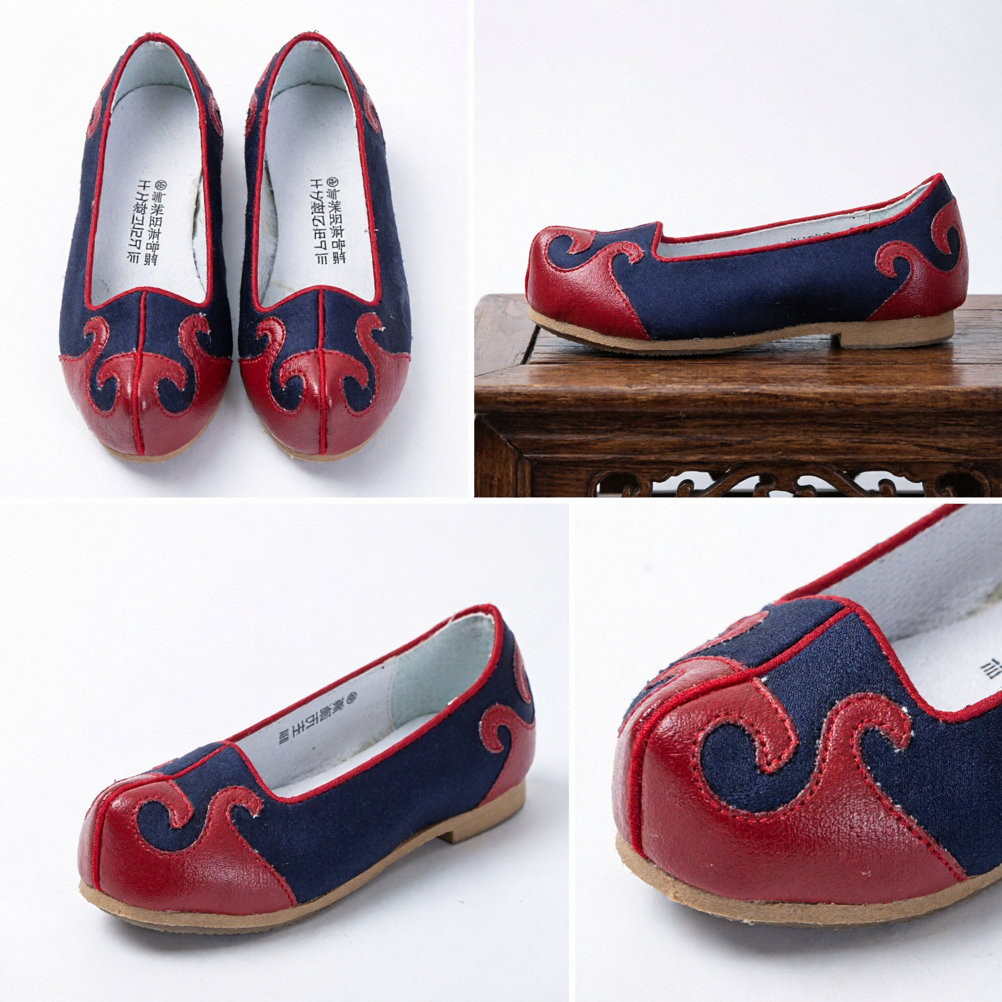 Traditional Korean Hanbok Shoes Women Red and Navy Blue Cloud Pattern Flat Soles for Wedding Dance - Asian Costume