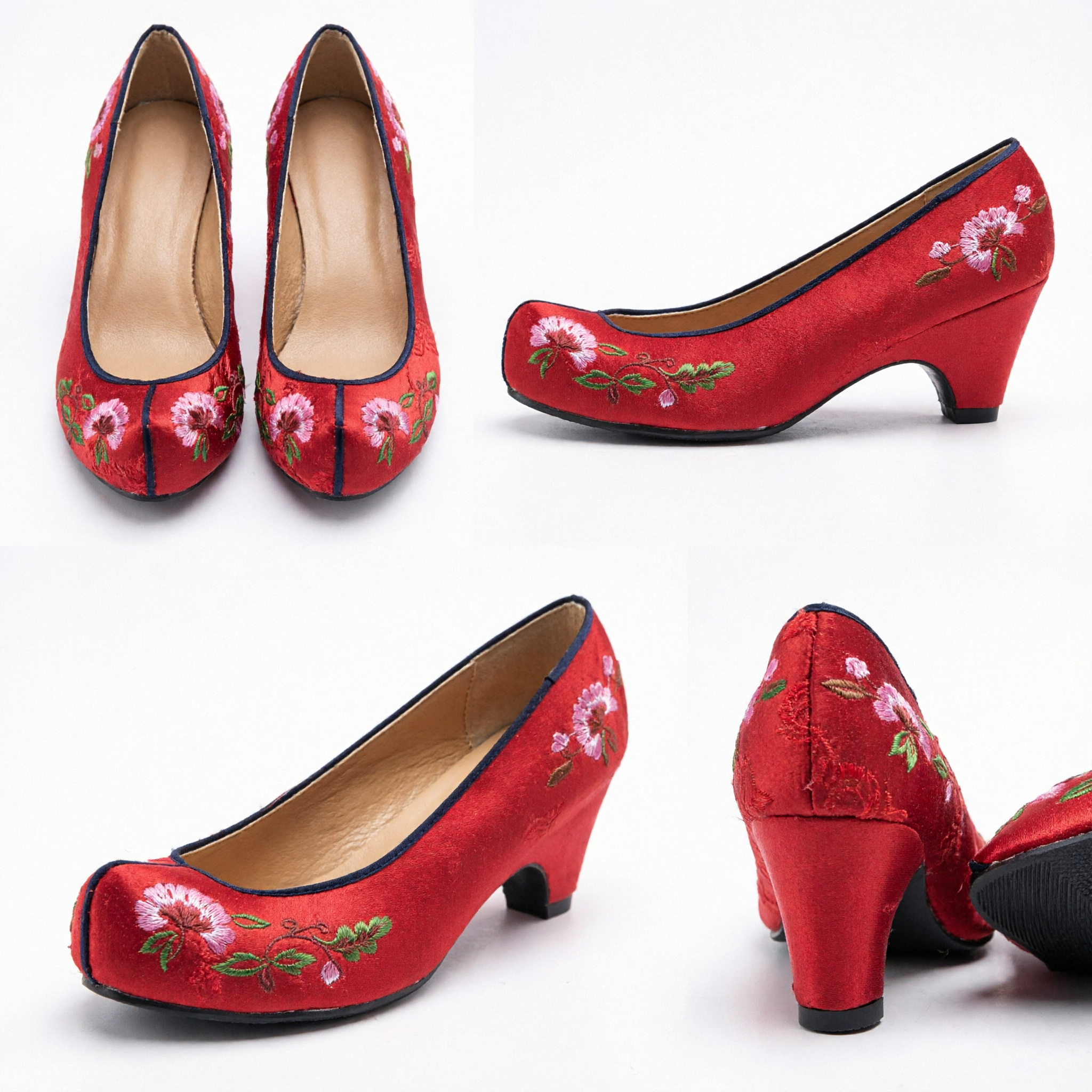 Traditional Chinese Red Embroidered Hanfu Shoes Women's Floral Wedding Wedge Heels Classical Costume Footwear - Asian Costume