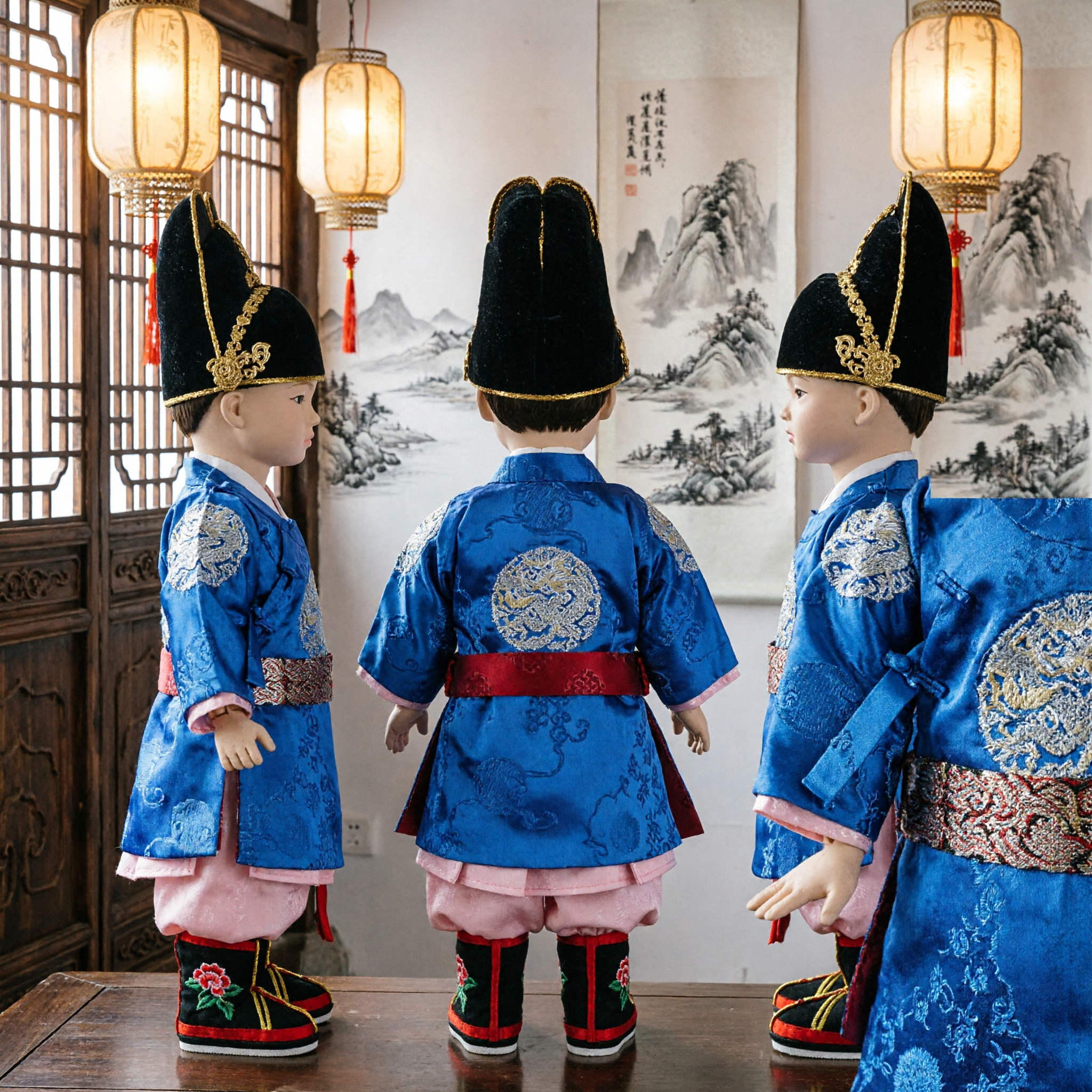 Traditional Chinese Ming Dynasty Official Costume Blue Brocade Robe Doll Cultural Heritage Gift Decoration - Asian Costume