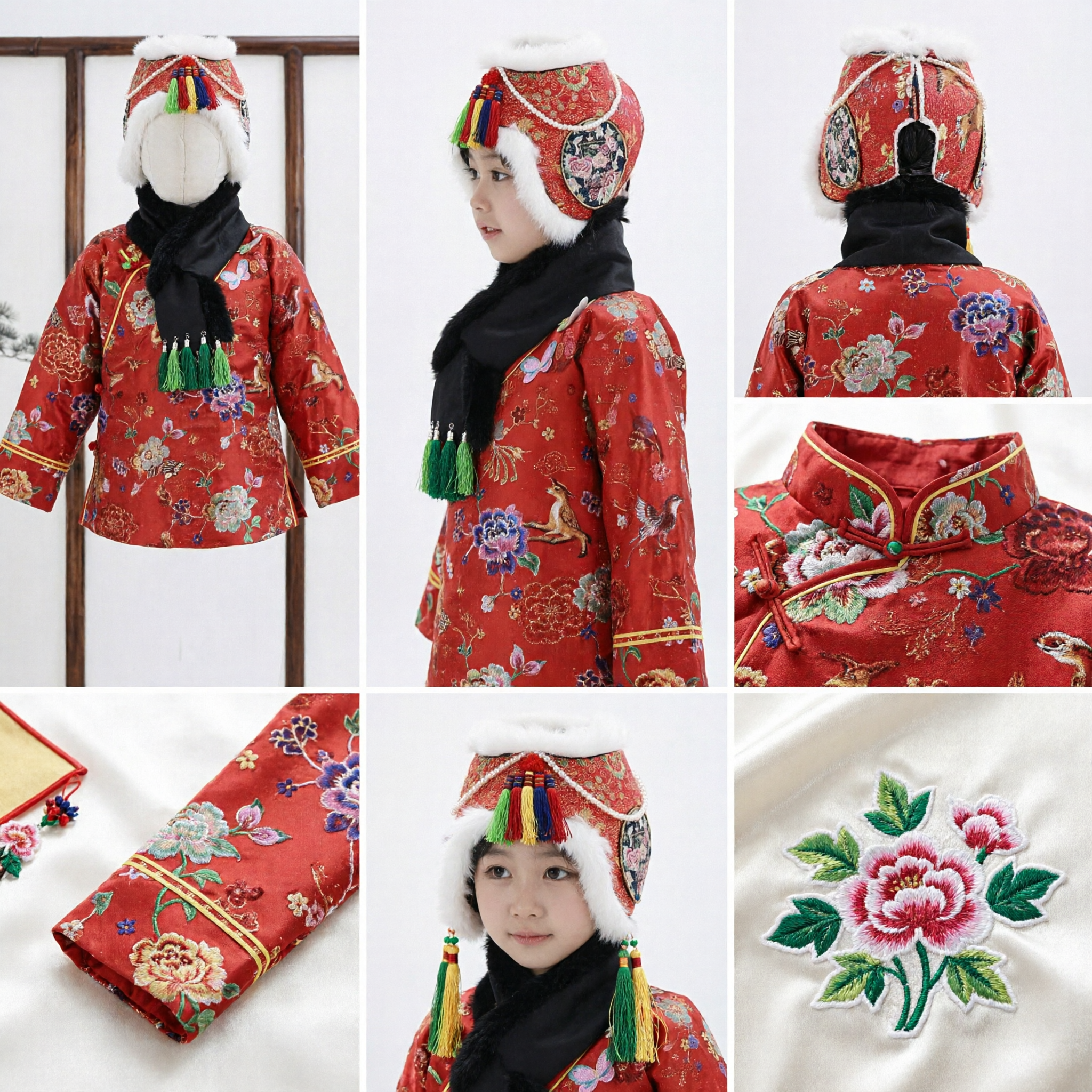 Kids Traditional Chinese Winter Hat Red Embroidery Fur Earflap Cap for Lunar New Year Spring Festival Costume - Asian Costume