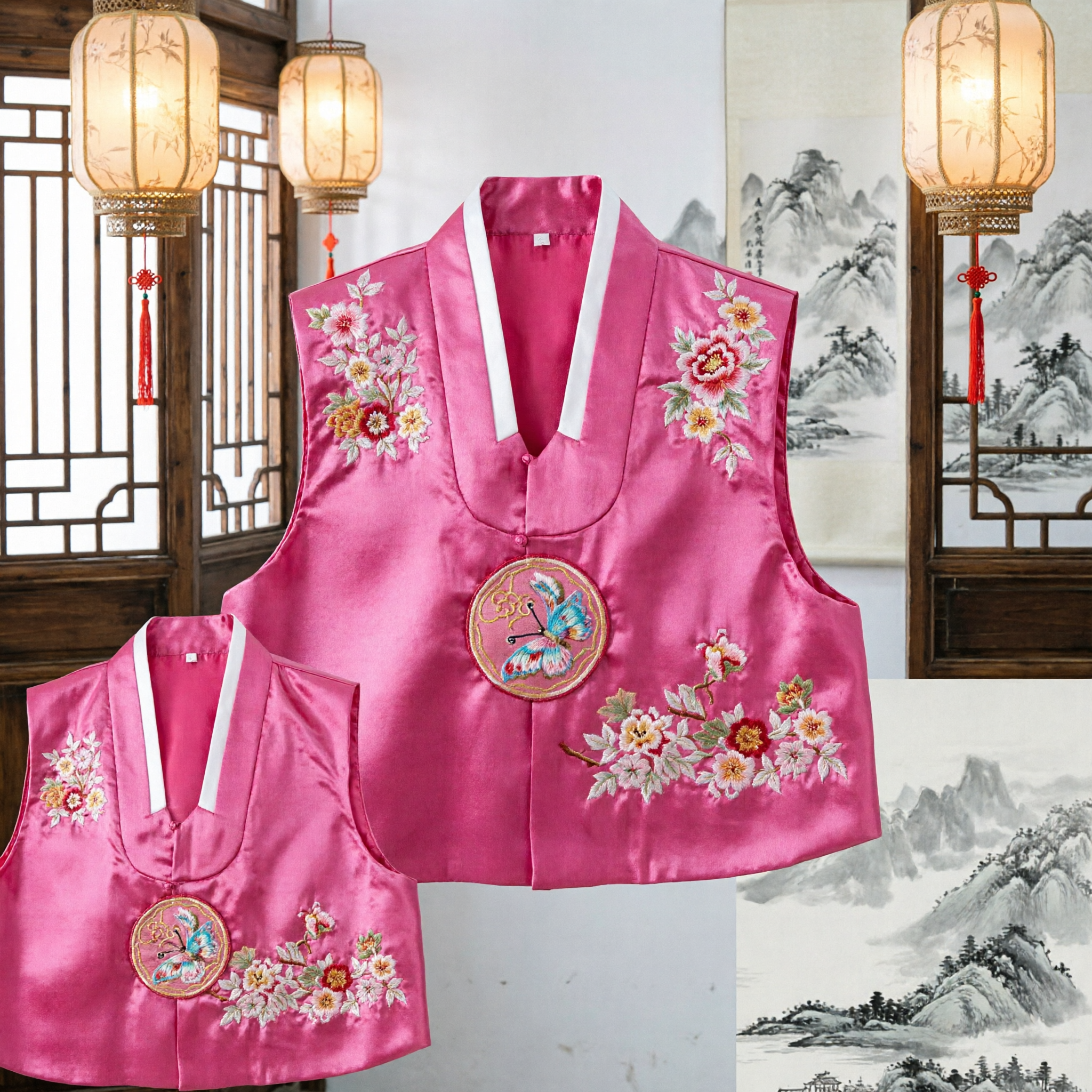Women's Pink Traditional Korean Hanbok Vest Embroidered Silk Waistcoat for Folk Dance and Cultural Events - Asian Costume