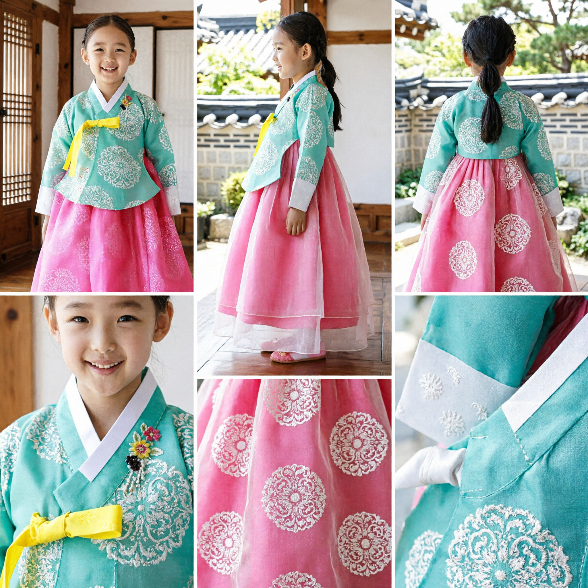 Traditional Korean Hanbok for Girls Mint Green Jeogori and Pink Chima Kids Festival Costume - Asian Costume