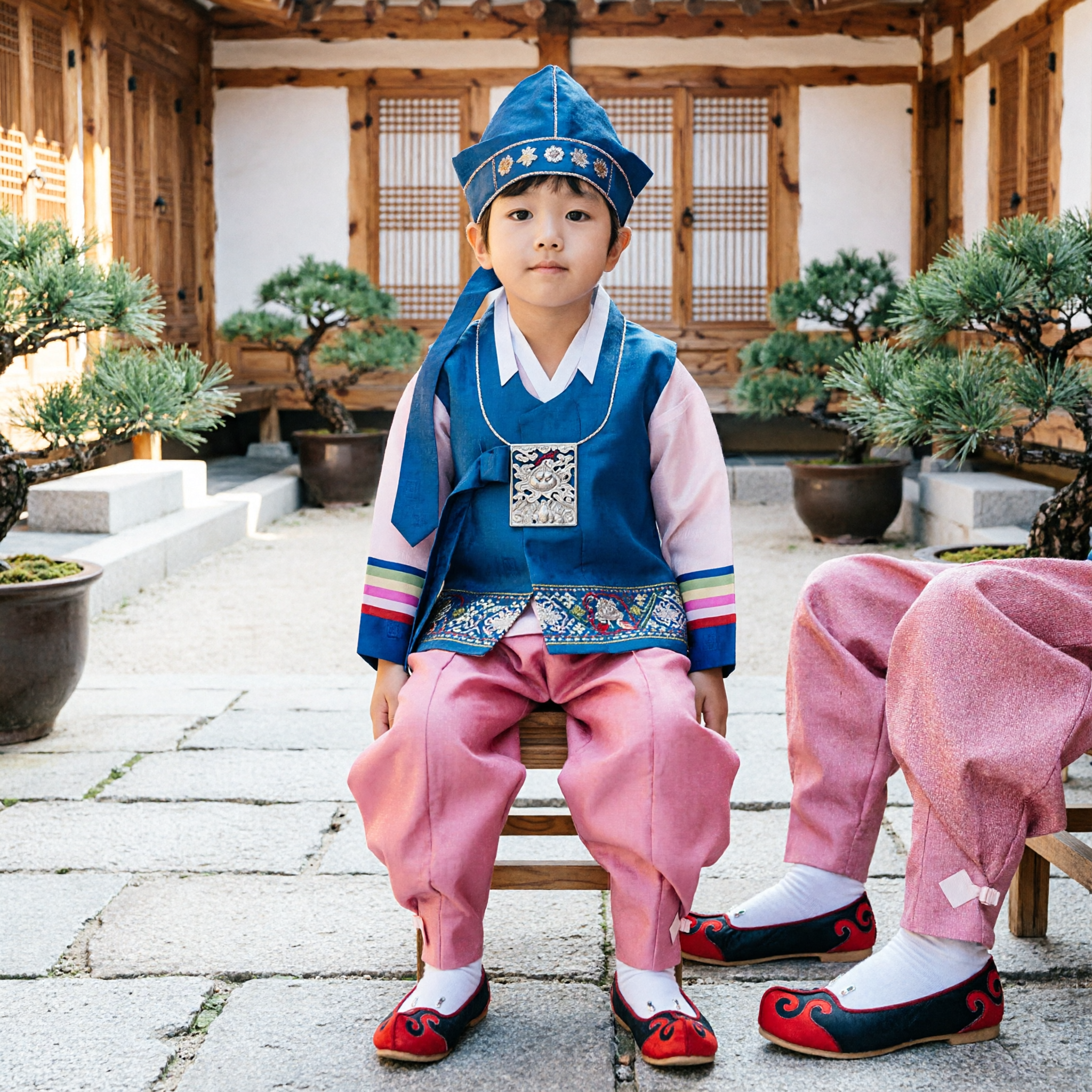 Boys Traditional Korean Hanbok Blue Vest Pink Pants Set First Birthday Wedding Festival Costume - Asian Costume