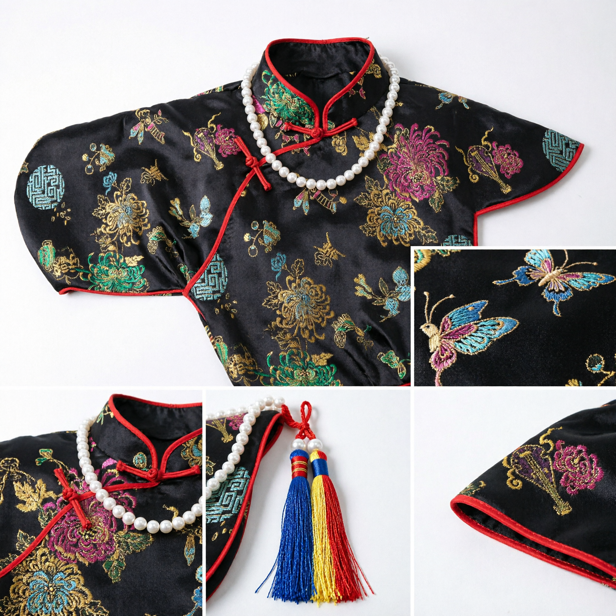Traditional Chinese Black Satin Embroidered Hat with Auspicious Patterns and Pearl Decoration for Hanfu Costume - Asian Costume