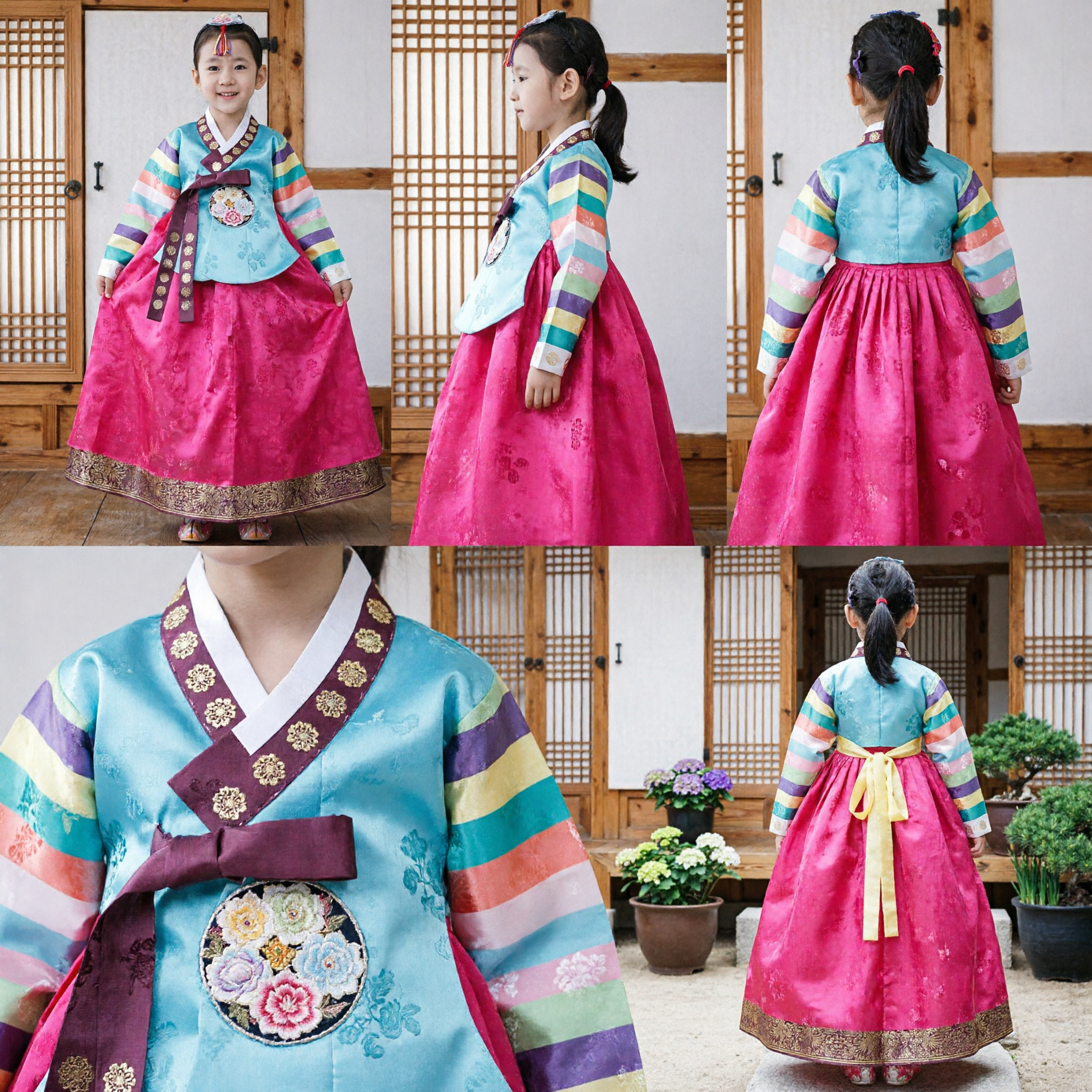 Traditional Korean Hanbok for Girls Rainbow Sleeve Blue Top Pink Skirt Kids Holiday Costume - Asian Costume